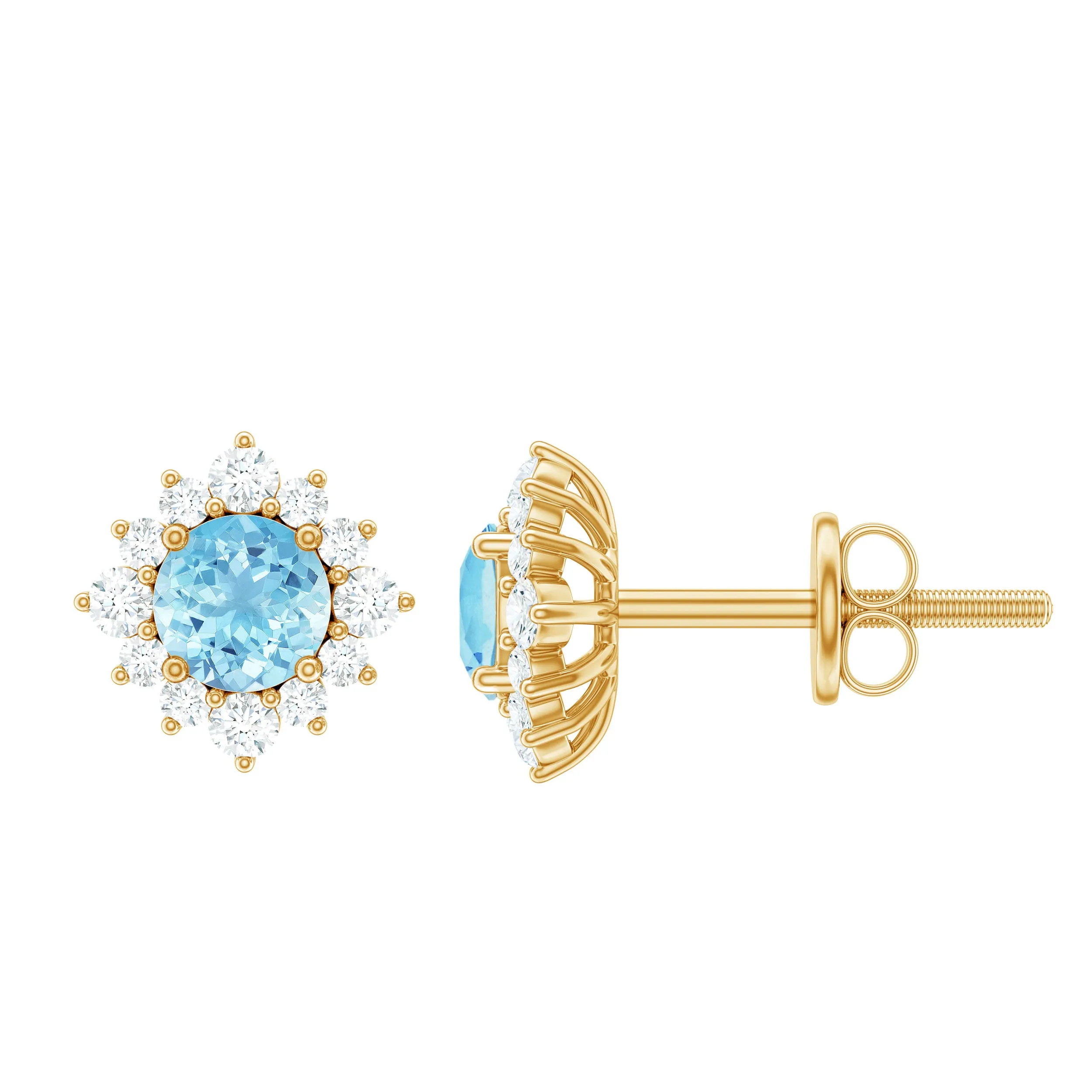 1 CT Classic Aquamarine Stud Earrings with Moissanite Halo