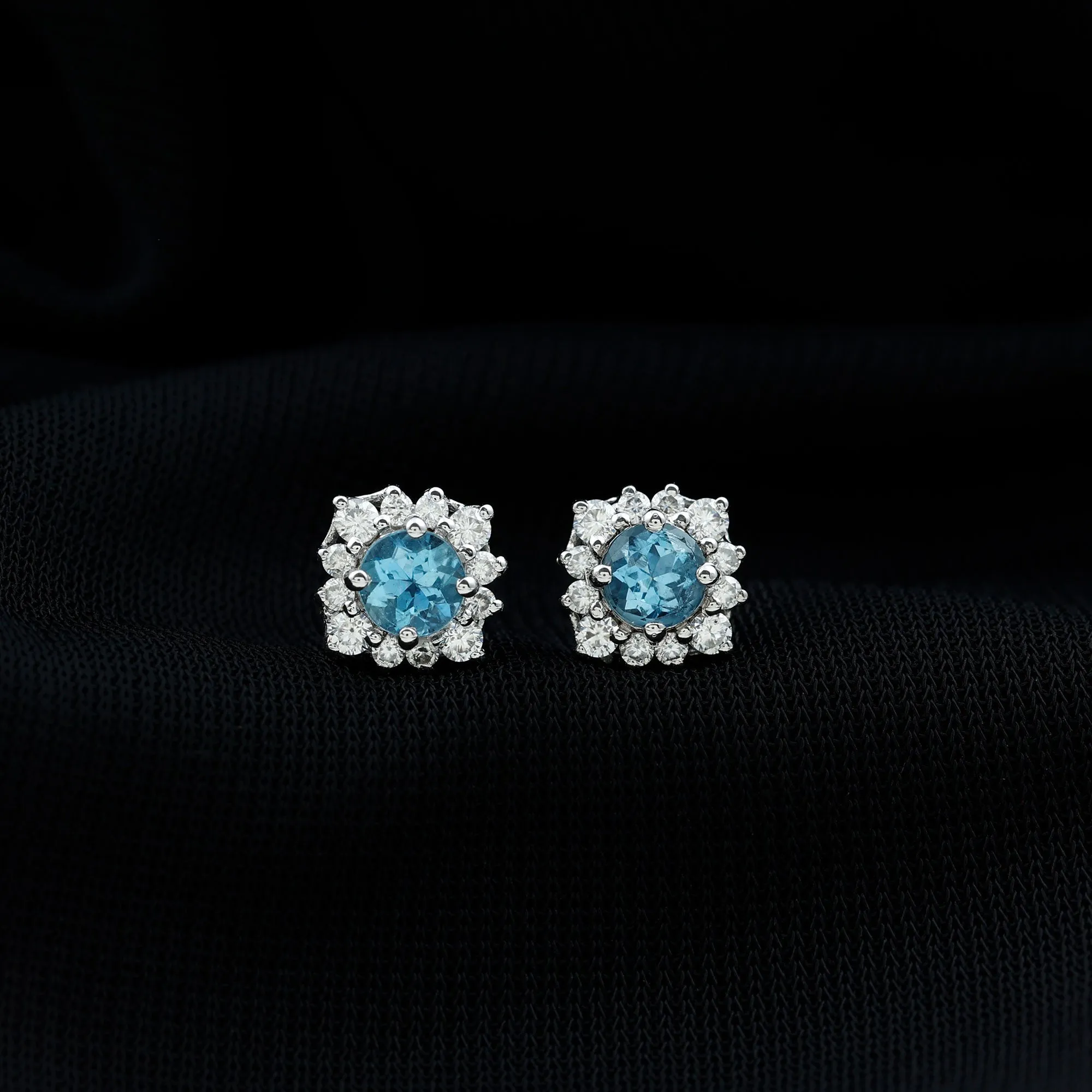 1 CT Classic Aquamarine Stud Earrings with Moissanite Halo