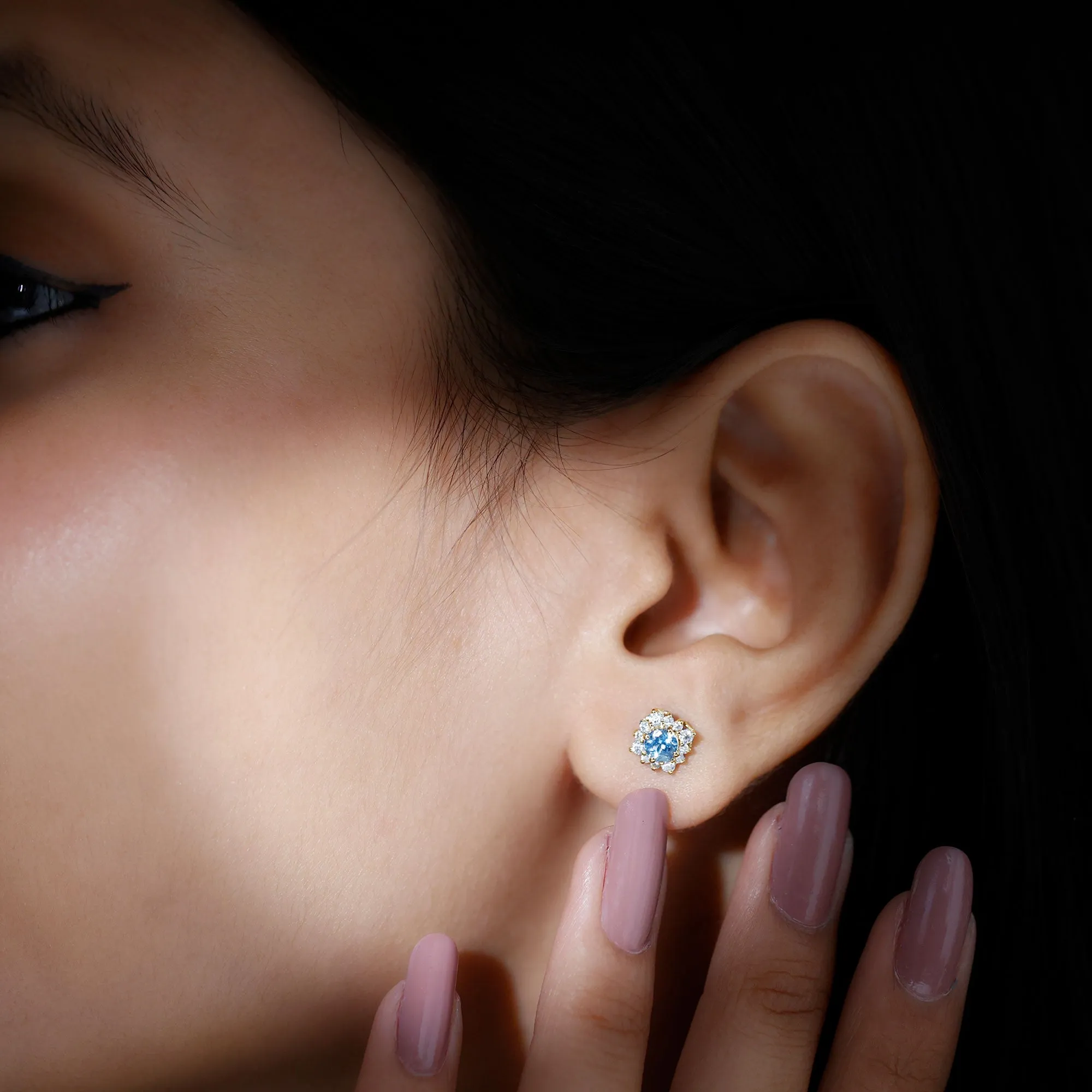 1 CT Classic Aquamarine Stud Earrings with Moissanite Halo