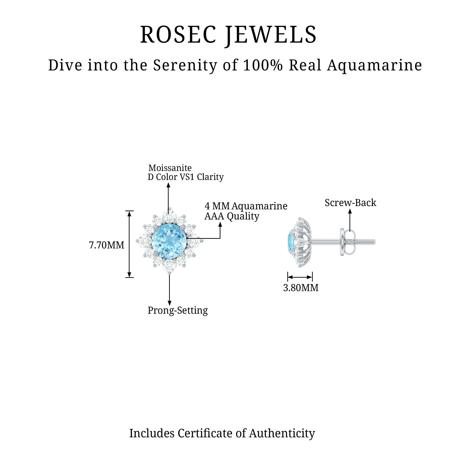 1 CT Classic Aquamarine Stud Earrings with Moissanite Halo