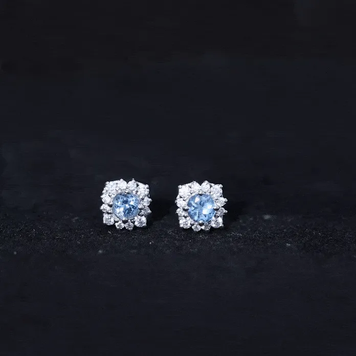 1 CT Classic Aquamarine Stud Earrings with Moissanite Halo