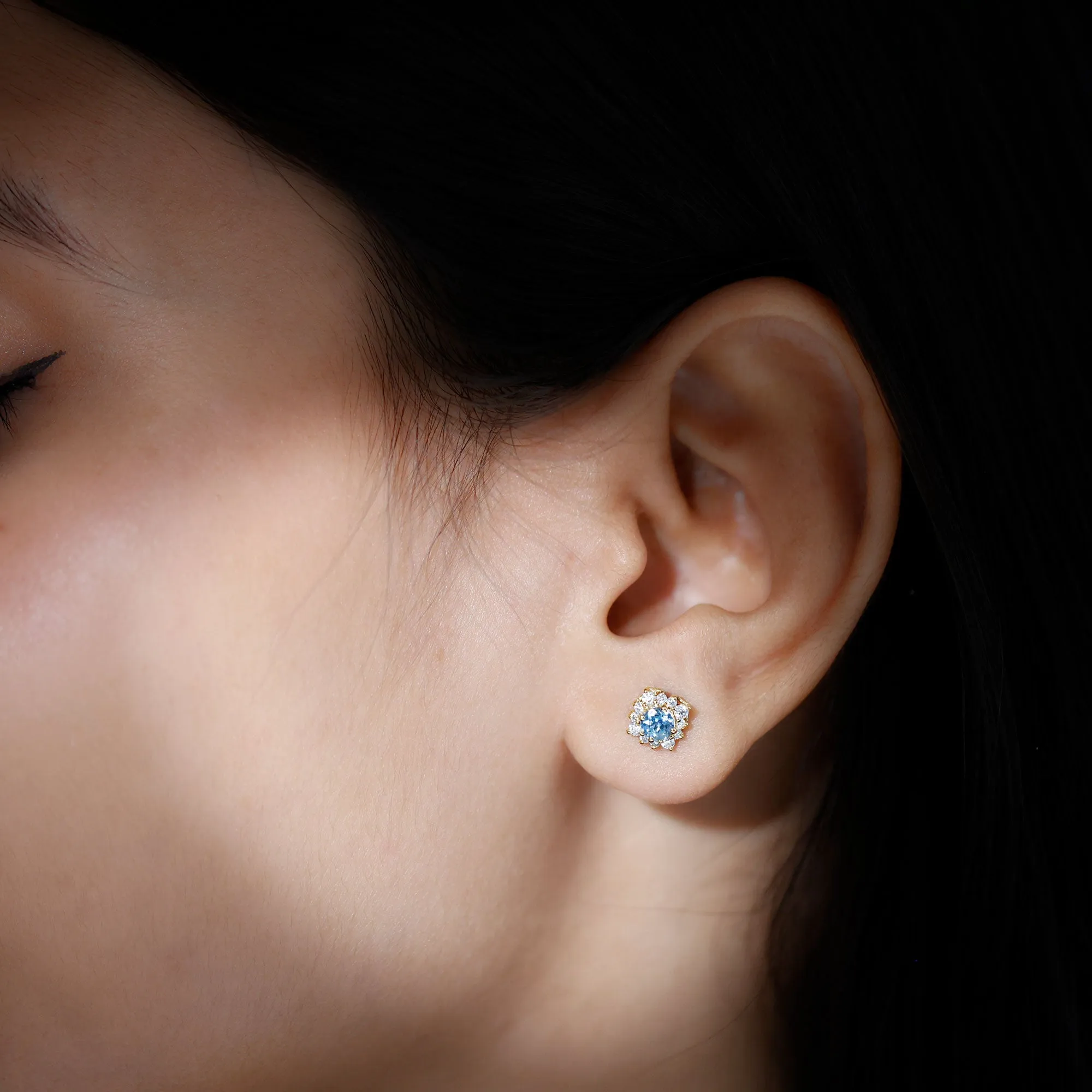 1 CT Classic Aquamarine Stud Earrings with Moissanite Halo
