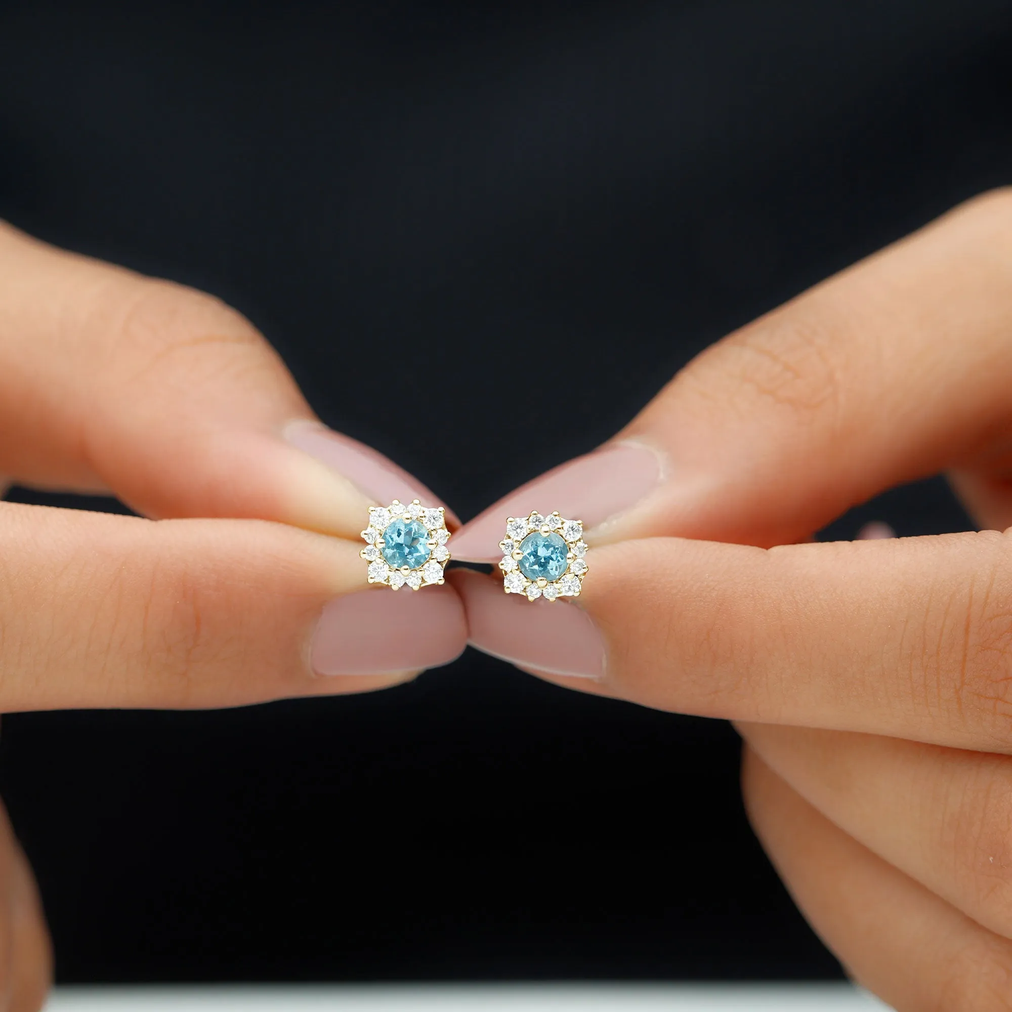 1 CT Classic Aquamarine Stud Earrings with Moissanite Halo