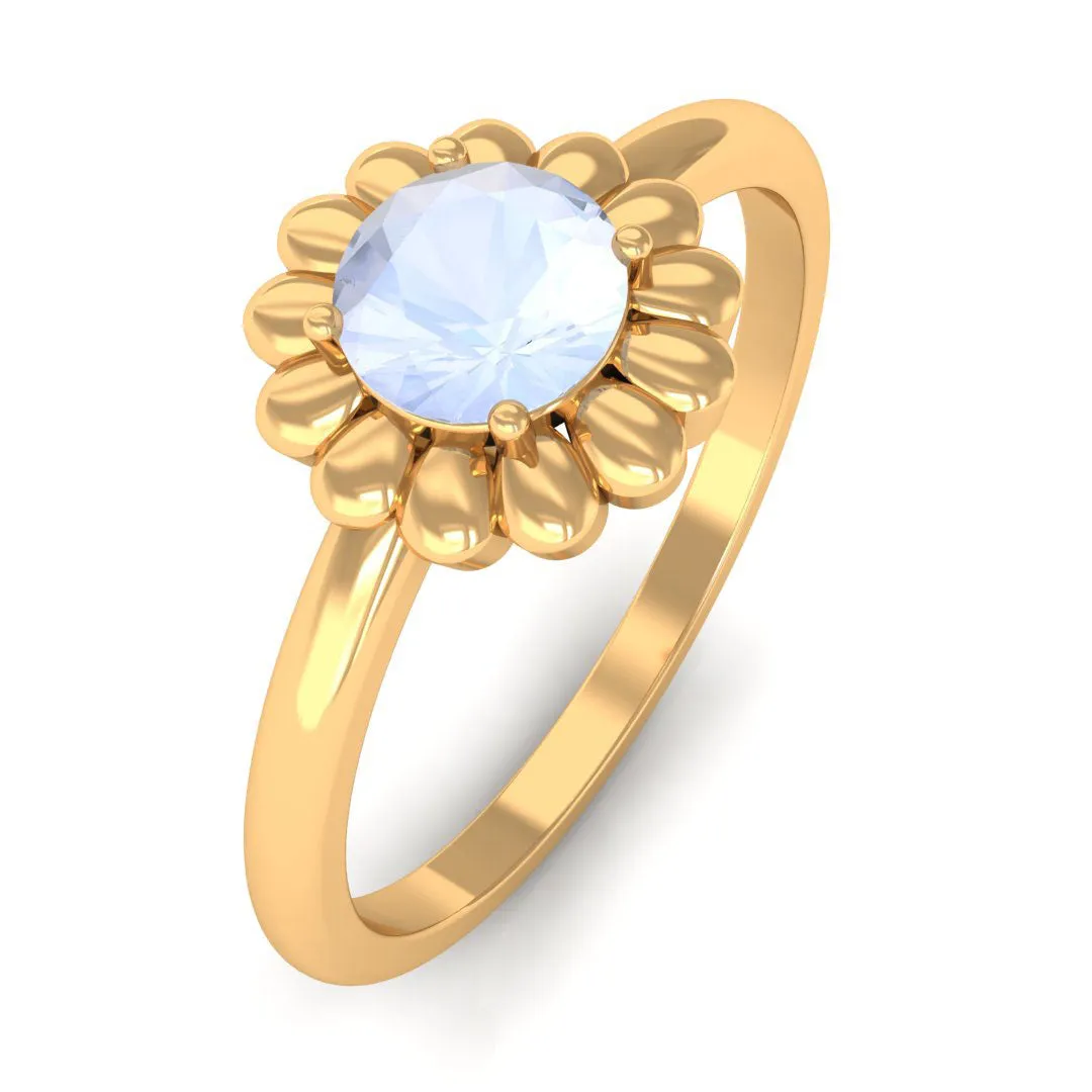 1/2 CT Round Cut Solitaire Moonstone Gold Flower Ring