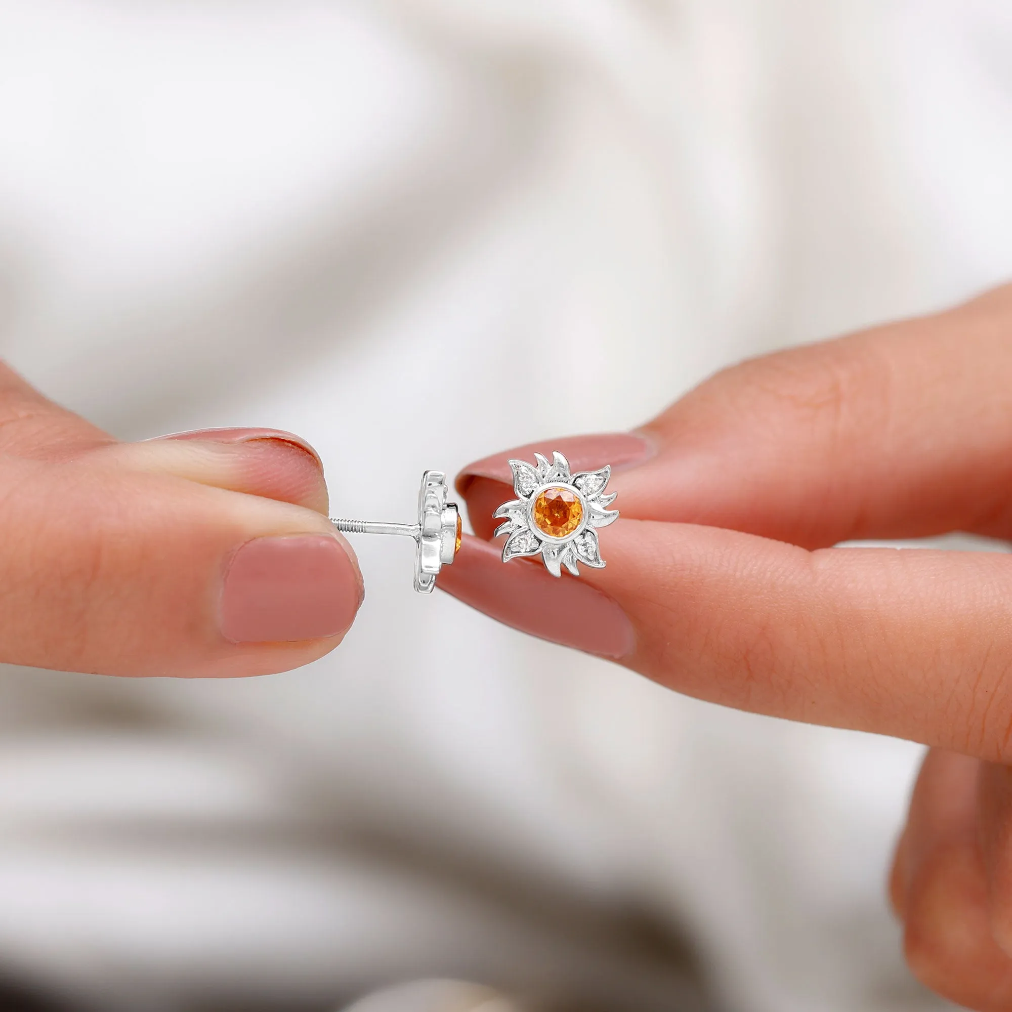 1/2 CT Round Shape Orange Sapphire and Diamond Sunburst Stud Earrings