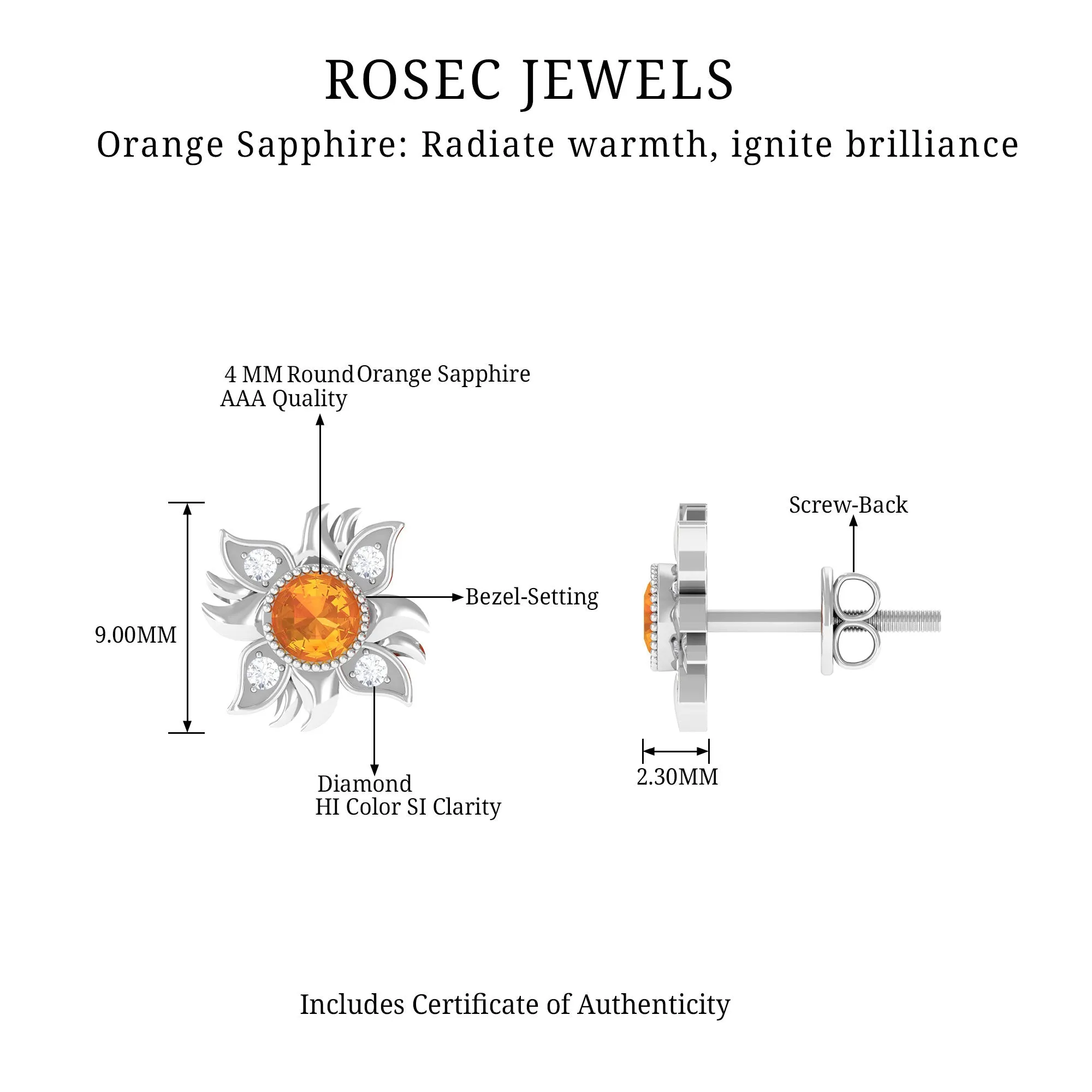 1/2 CT Round Shape Orange Sapphire and Diamond Sunburst Stud Earrings