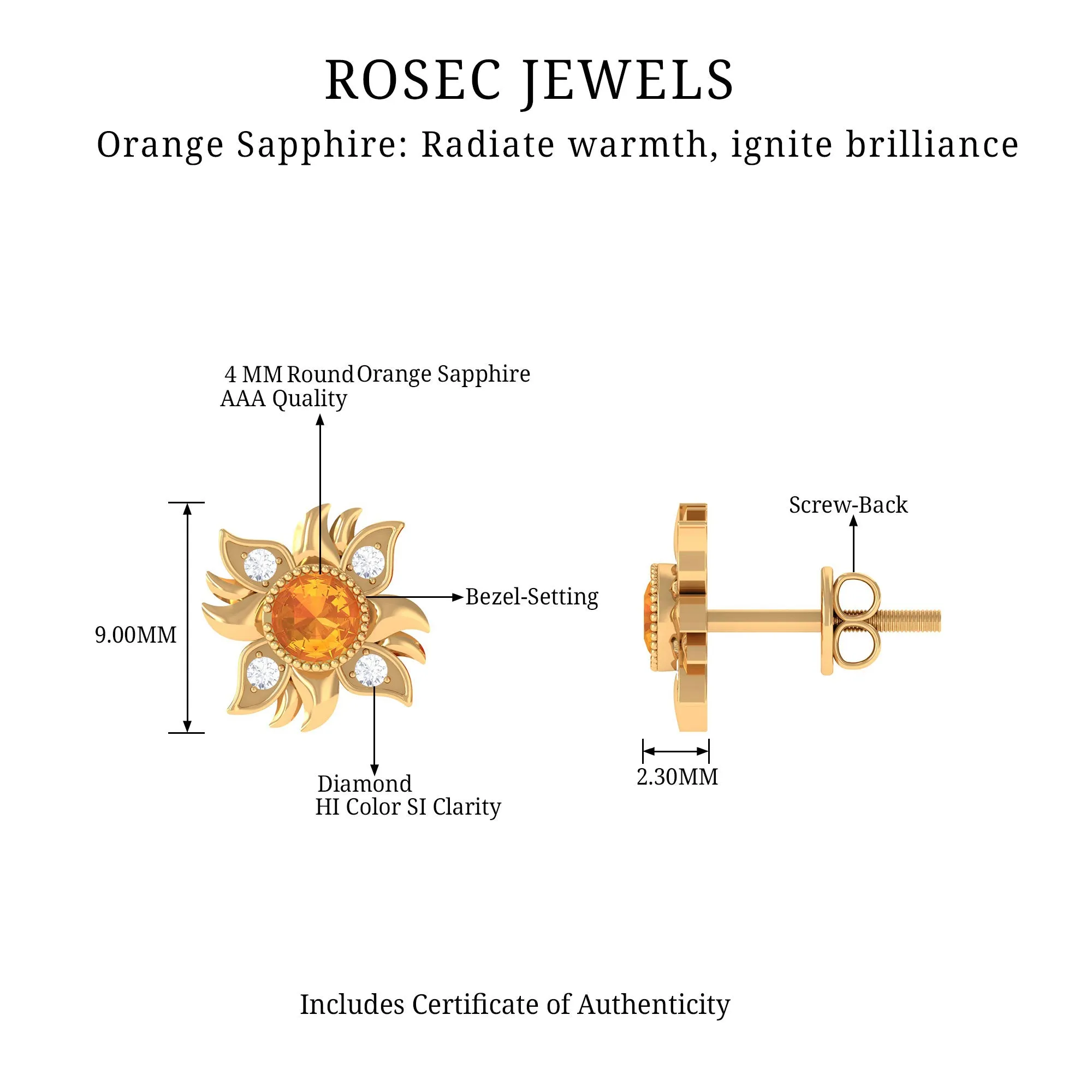 1/2 CT Round Shape Orange Sapphire and Diamond Sunburst Stud Earrings