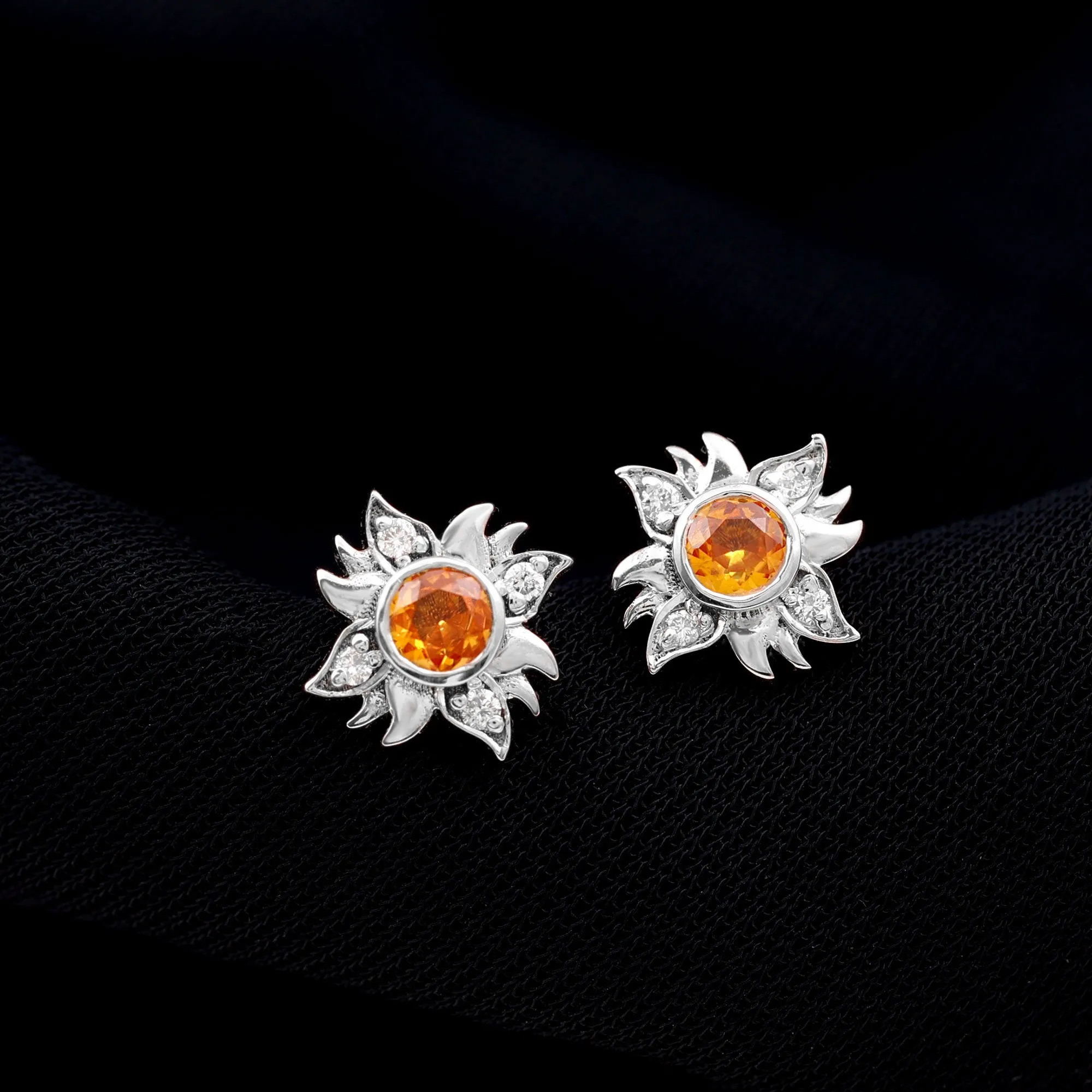 1/2 CT Round Shape Orange Sapphire and Diamond Sunburst Stud Earrings