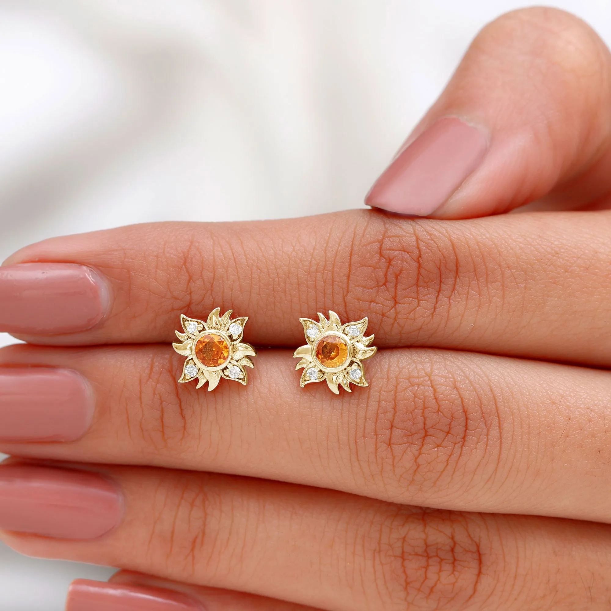 1/2 CT Round Shape Orange Sapphire and Diamond Sunburst Stud Earrings