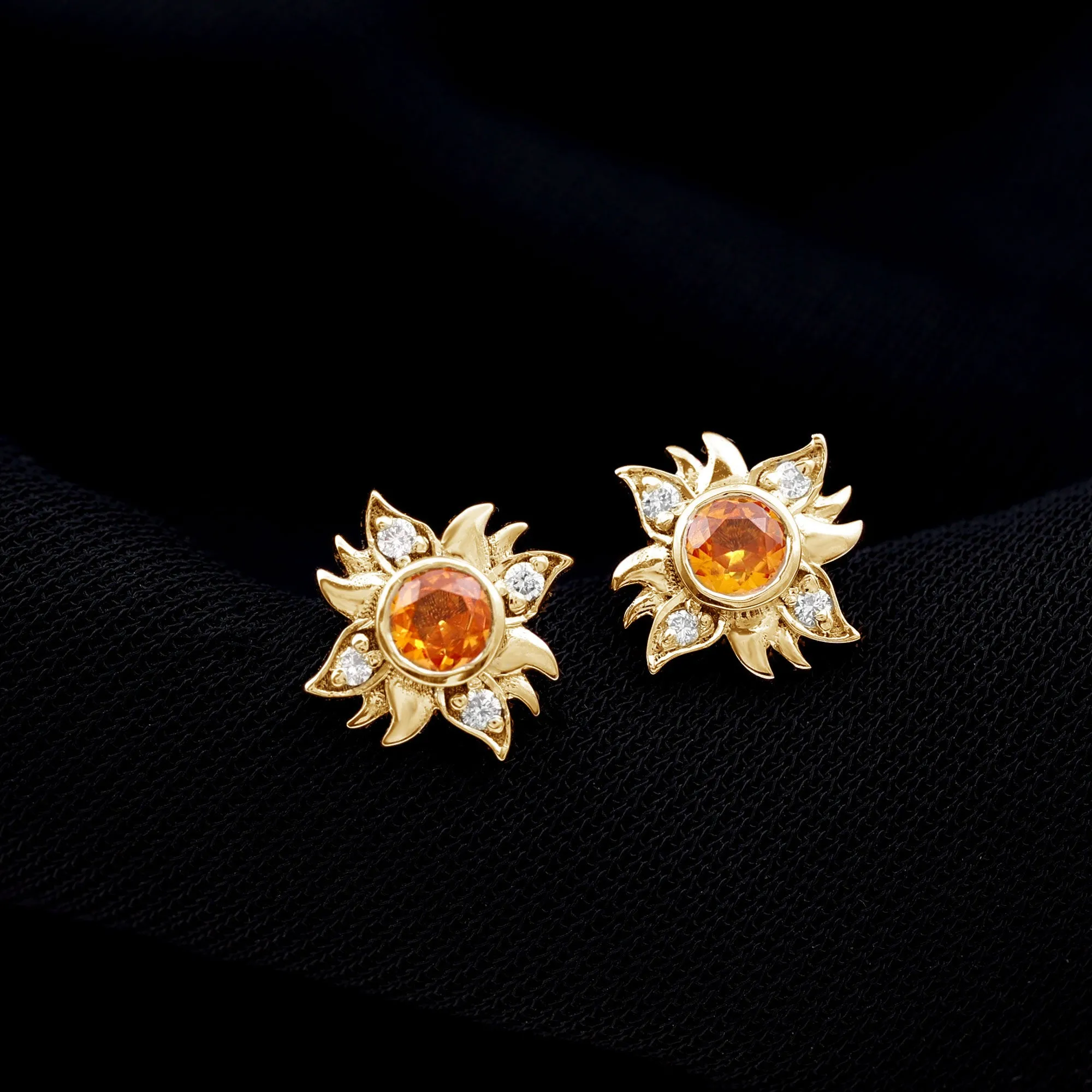 1/2 CT Round Shape Orange Sapphire and Diamond Sunburst Stud Earrings