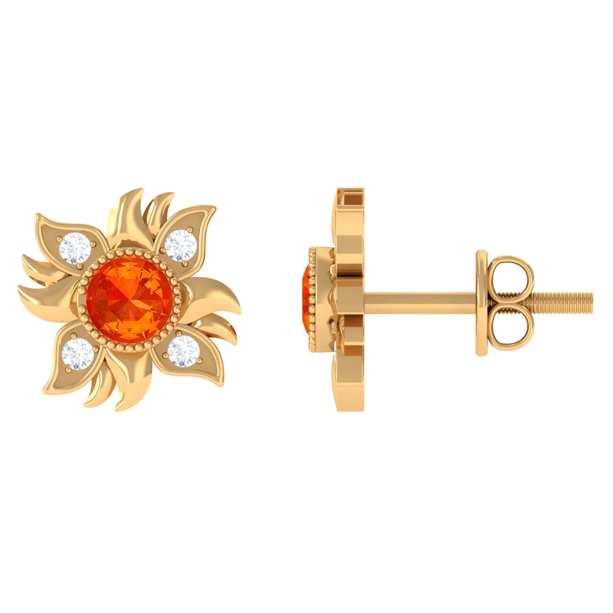 1/2 CT Round Shape Orange Sapphire and Diamond Sunburst Stud Earrings