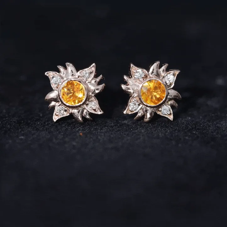 1/2 CT Round Shape Orange Sapphire and Diamond Sunburst Stud Earrings