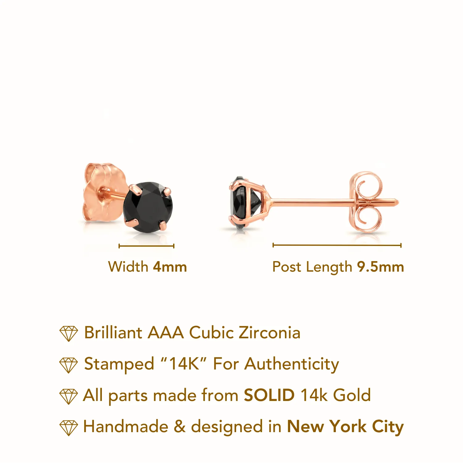 14K Rose Gold Black Onyx Round CZ Studs, Brilliant-Cut Earrings With Push-Backs, 4mm