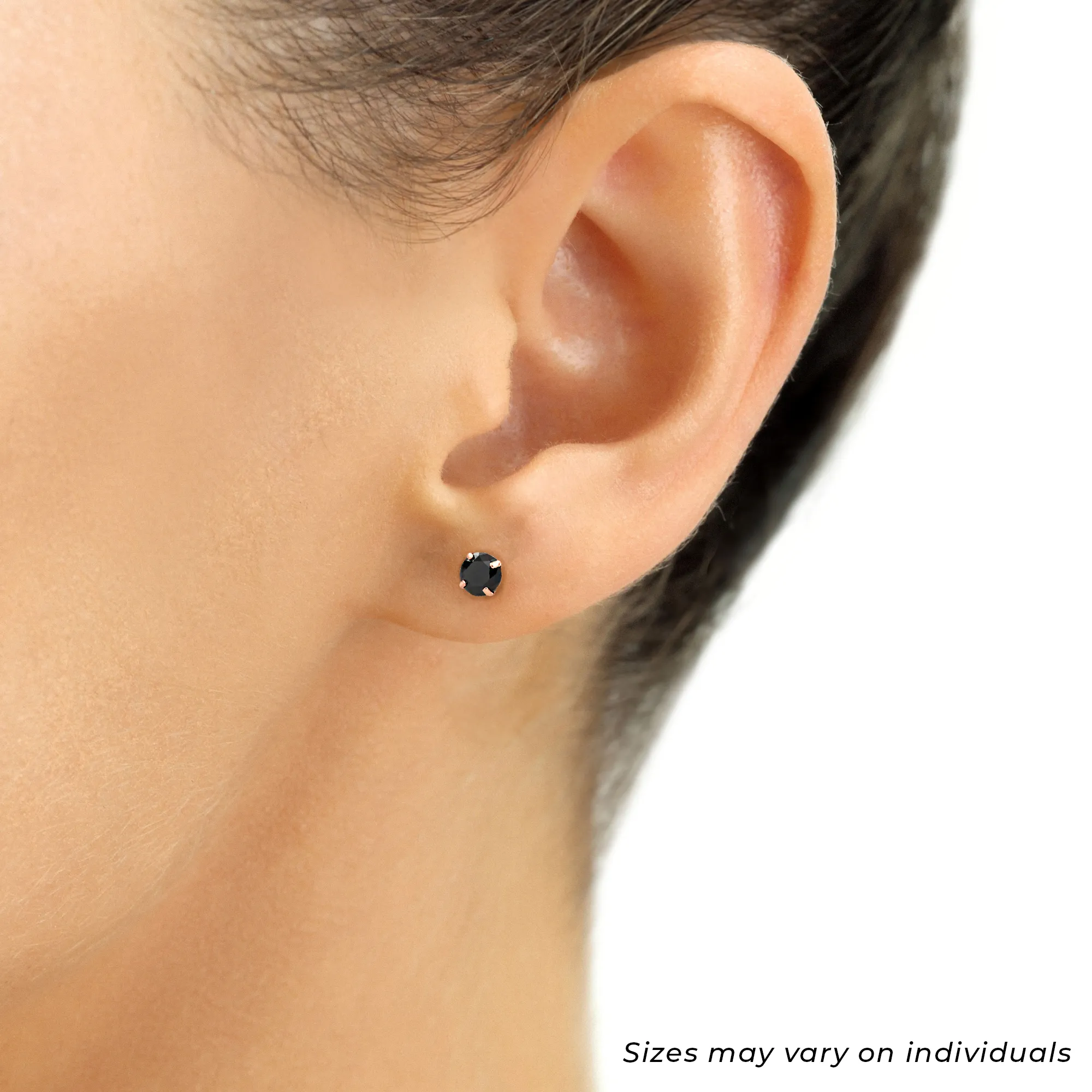 14K Rose Gold Black Onyx Round CZ Studs, Brilliant-Cut Earrings With Push-Backs, 4mm