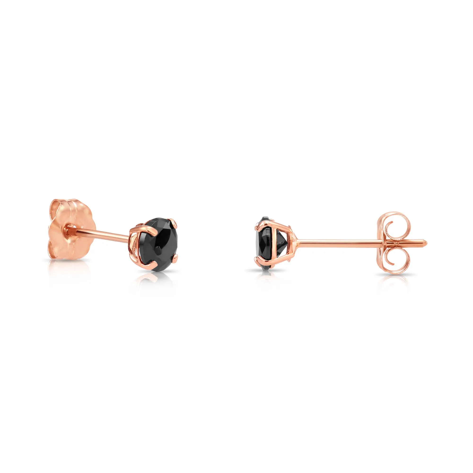 14K Rose Gold Black Onyx Round CZ Studs, Brilliant-Cut Earrings With Push-Backs, 4mm