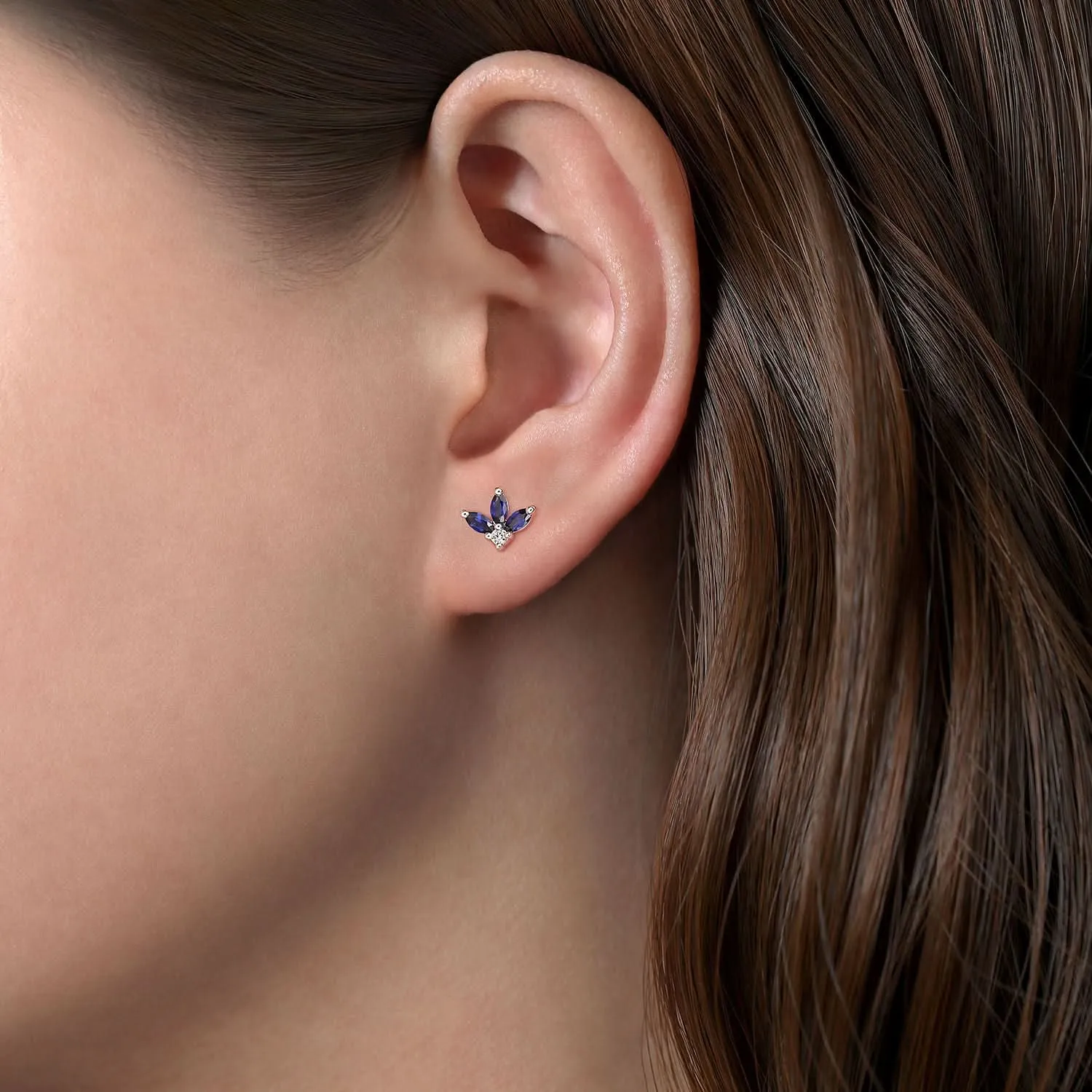 14K White Blue Sapphire and Natural Diamond Stud Earrings