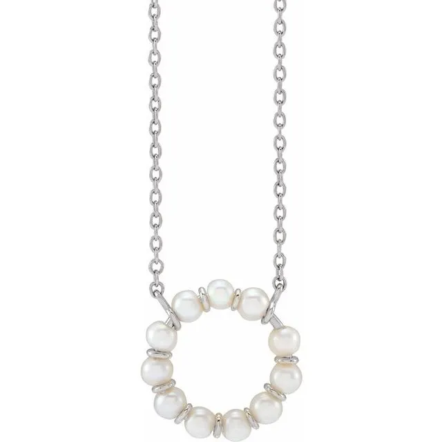 14K Yellow or White Gold Cultured White Freshwater Pearl Circle 18" Necklace