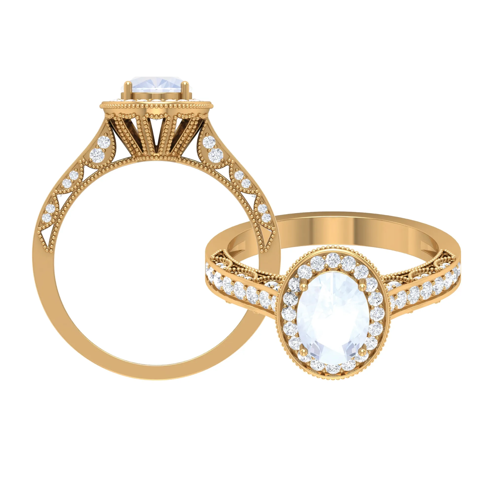 1.50 CT Moonstone and Diamond Engagement Ring with Milgrain Details