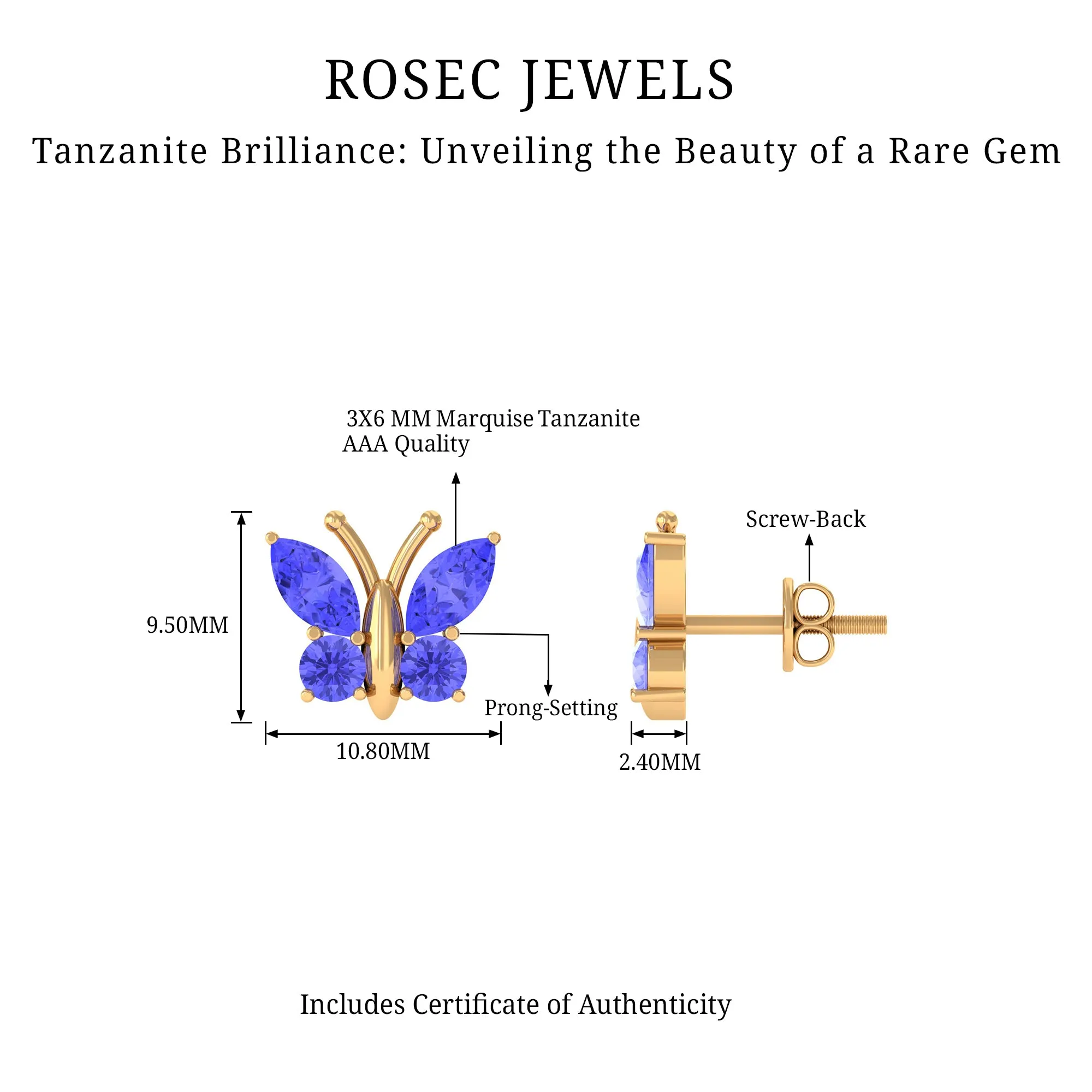 1.75 CT Butterfly Stud Earrings with Round and Marquise Cut Tanzanite