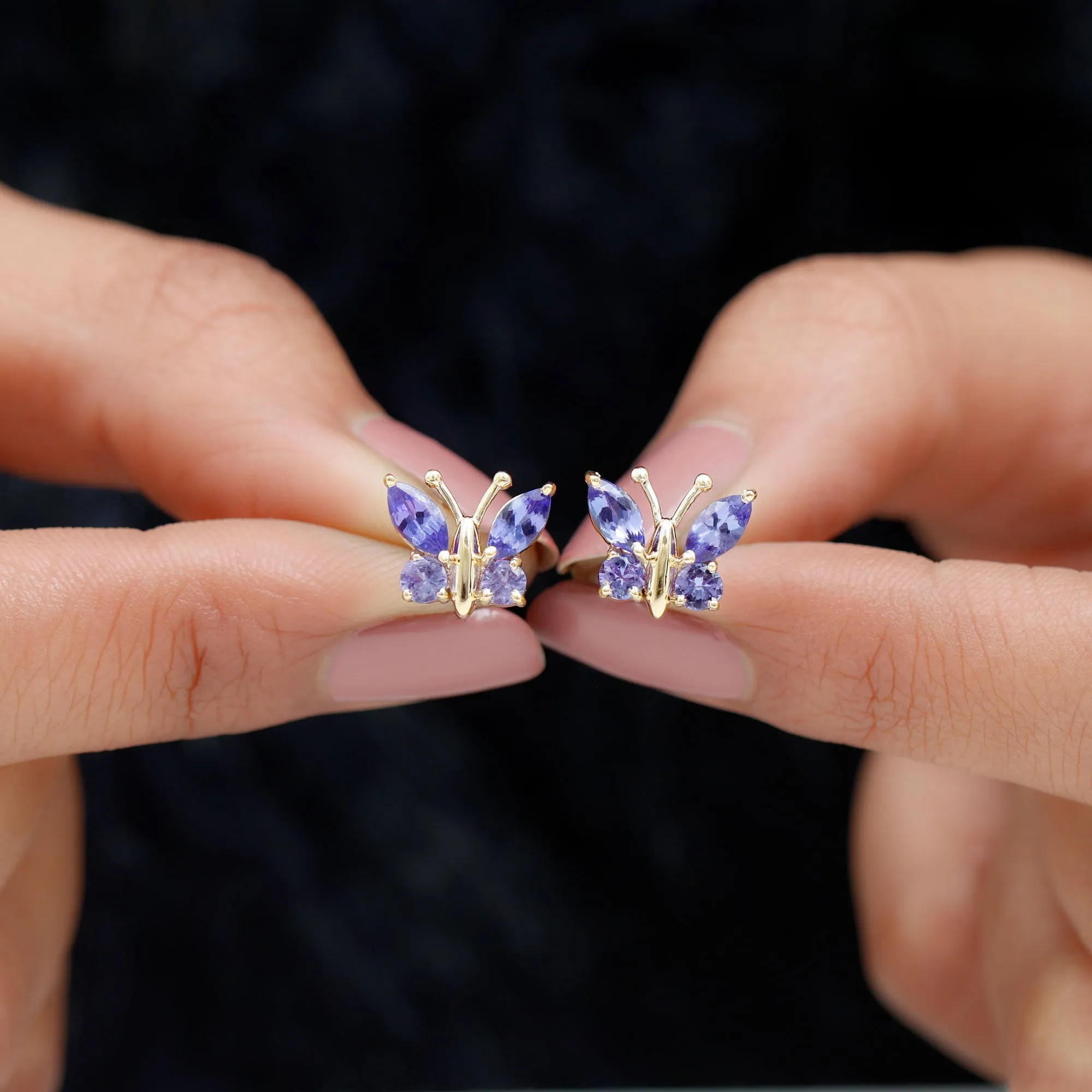 1.75 CT Butterfly Stud Earrings with Round and Marquise Cut Tanzanite