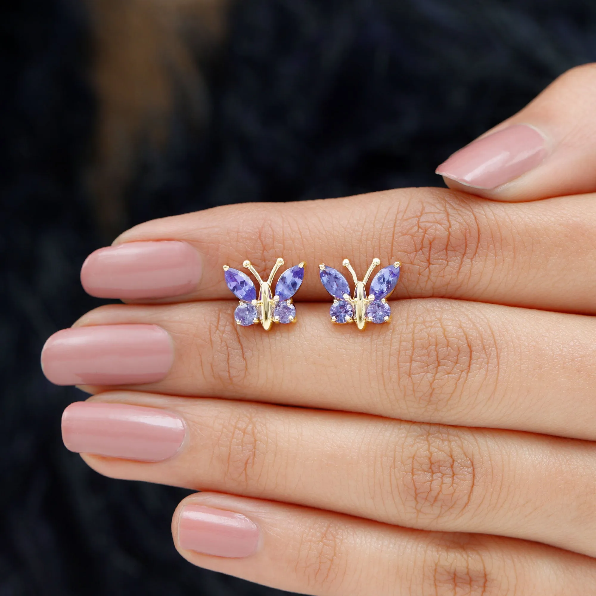 1.75 CT Butterfly Stud Earrings with Round and Marquise Cut Tanzanite