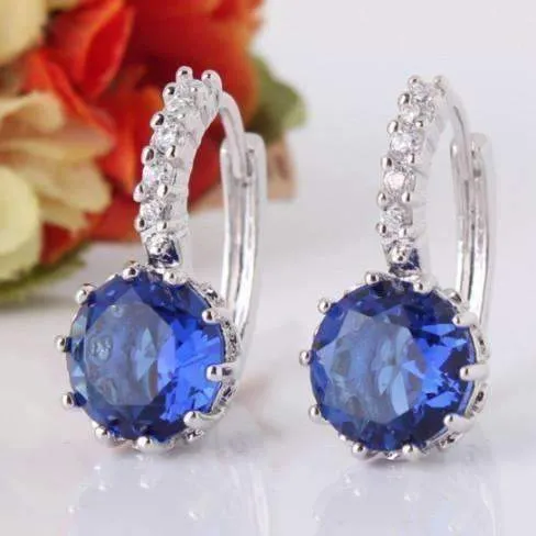 18K White Gold Plated Sapphire Blue CZ Solitaire White Or Yellow Gold Hoop Earrings for Woman Special Occasions Gift