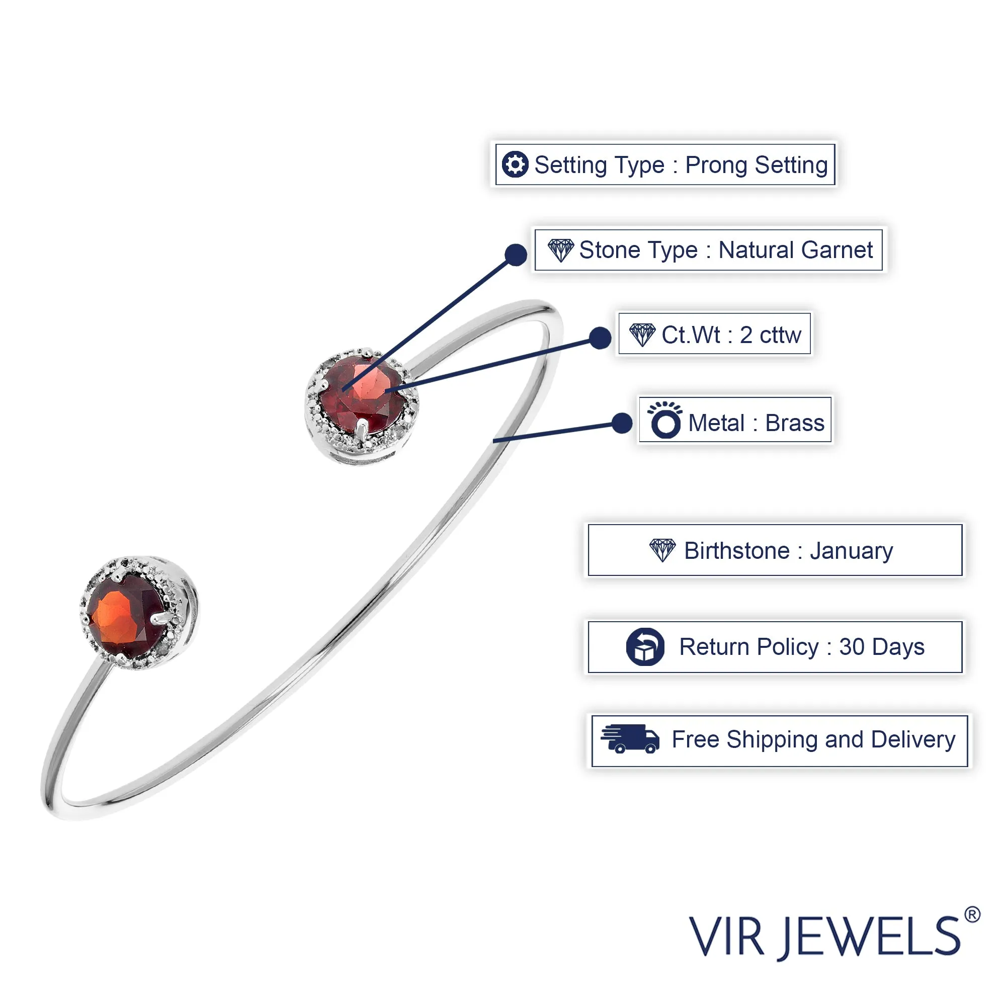 2 cttw Garnet Cuff Cuff Bangle Bracelet Brass With Rhodium Plating 7 MM Round