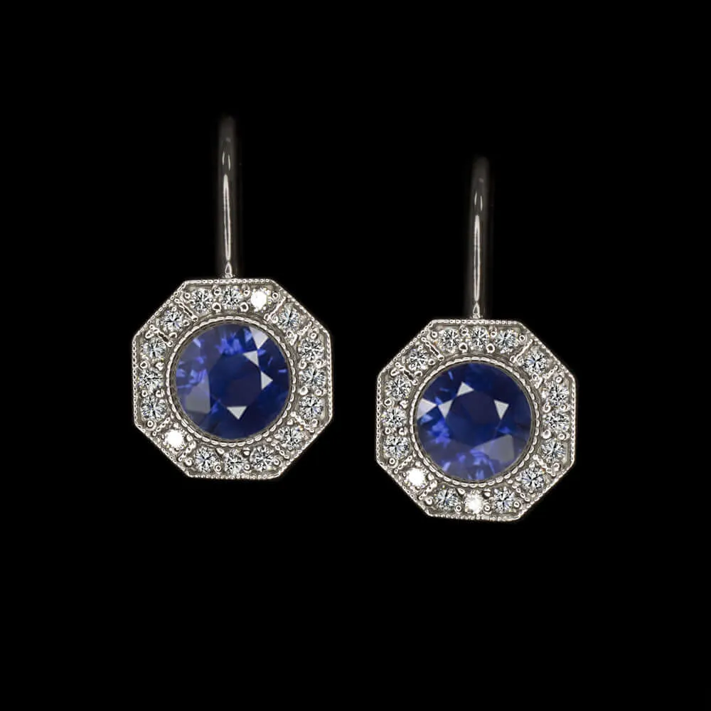 2.36ct SAPPHIRE DIAMOND DROP EARRINGS VINTAGE STYLE DANGLE ART DECO HALO BLUE