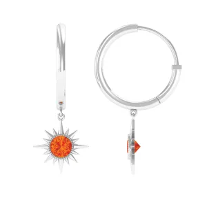 3/4 CT Milgrain Bezel Set Orange Sapphire Sunburst Drop Hoop Earrings