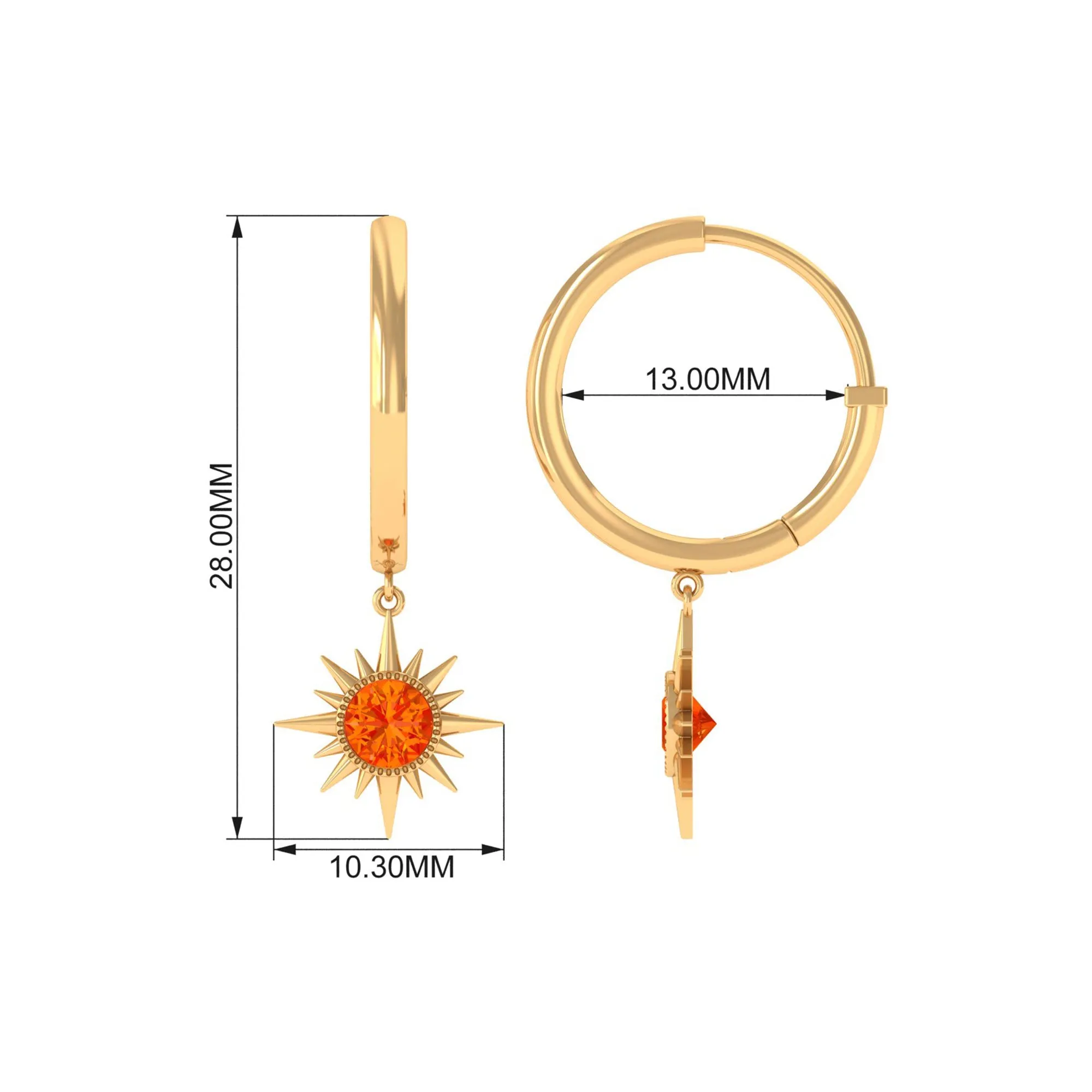 3/4 CT Milgrain Bezel Set Orange Sapphire Sunburst Drop Hoop Earrings