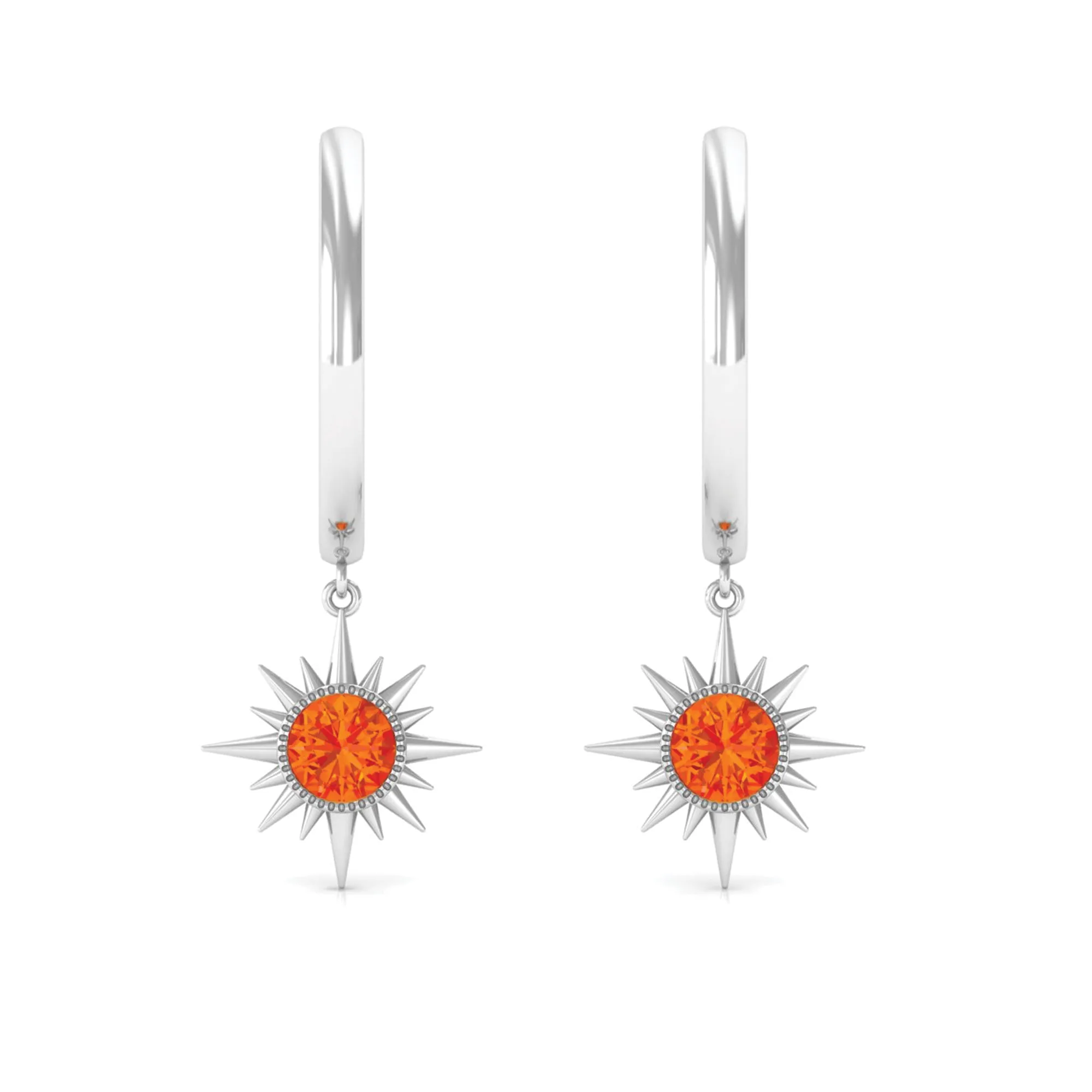 3/4 CT Milgrain Bezel Set Orange Sapphire Sunburst Drop Hoop Earrings