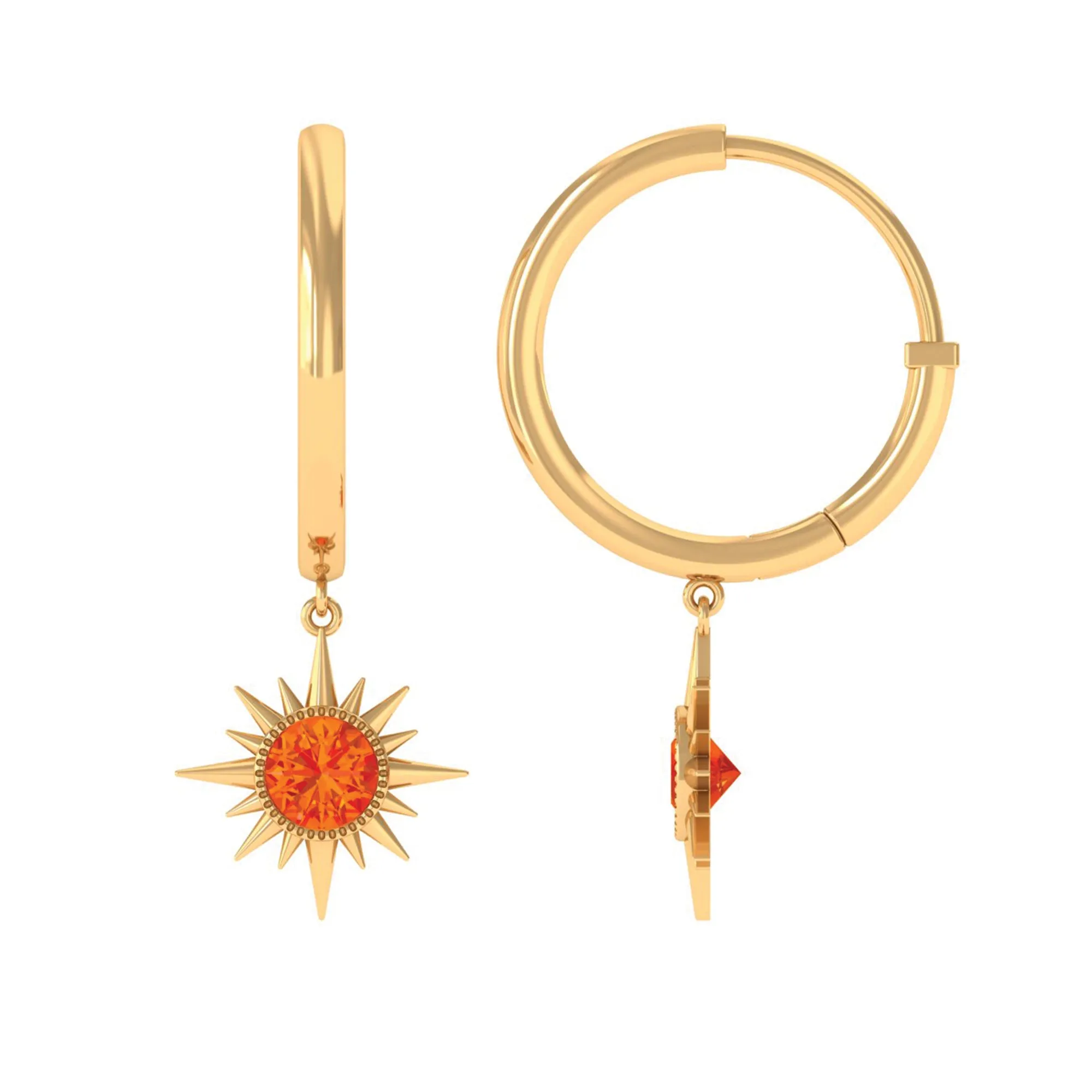 3/4 CT Milgrain Bezel Set Orange Sapphire Sunburst Drop Hoop Earrings