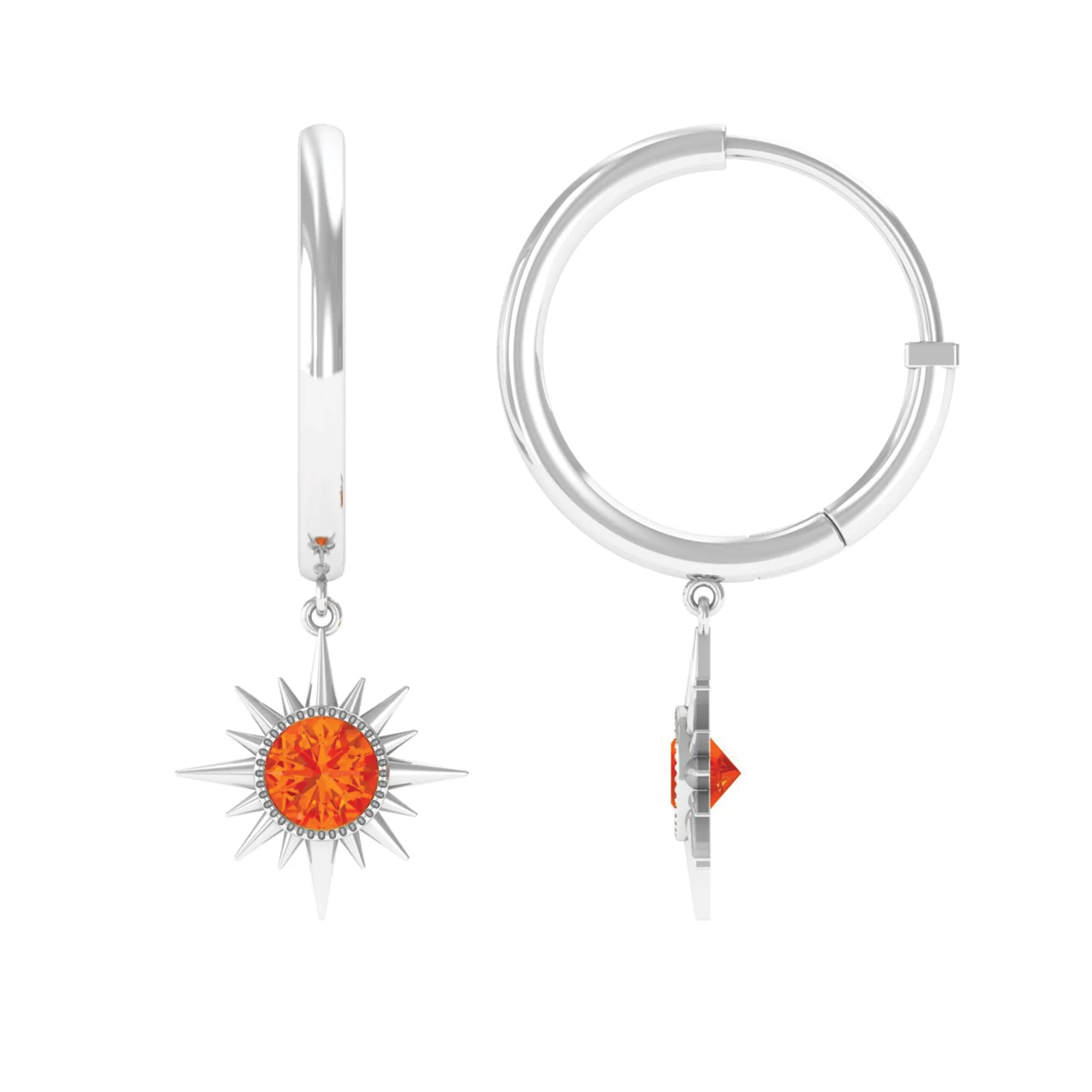 3/4 CT Milgrain Bezel Set Orange Sapphire Sunburst Drop Hoop Earrings