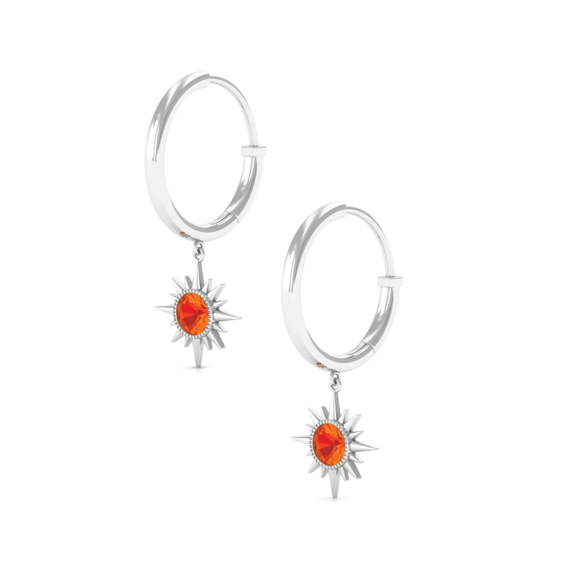 3/4 CT Milgrain Bezel Set Orange Sapphire Sunburst Drop Hoop Earrings