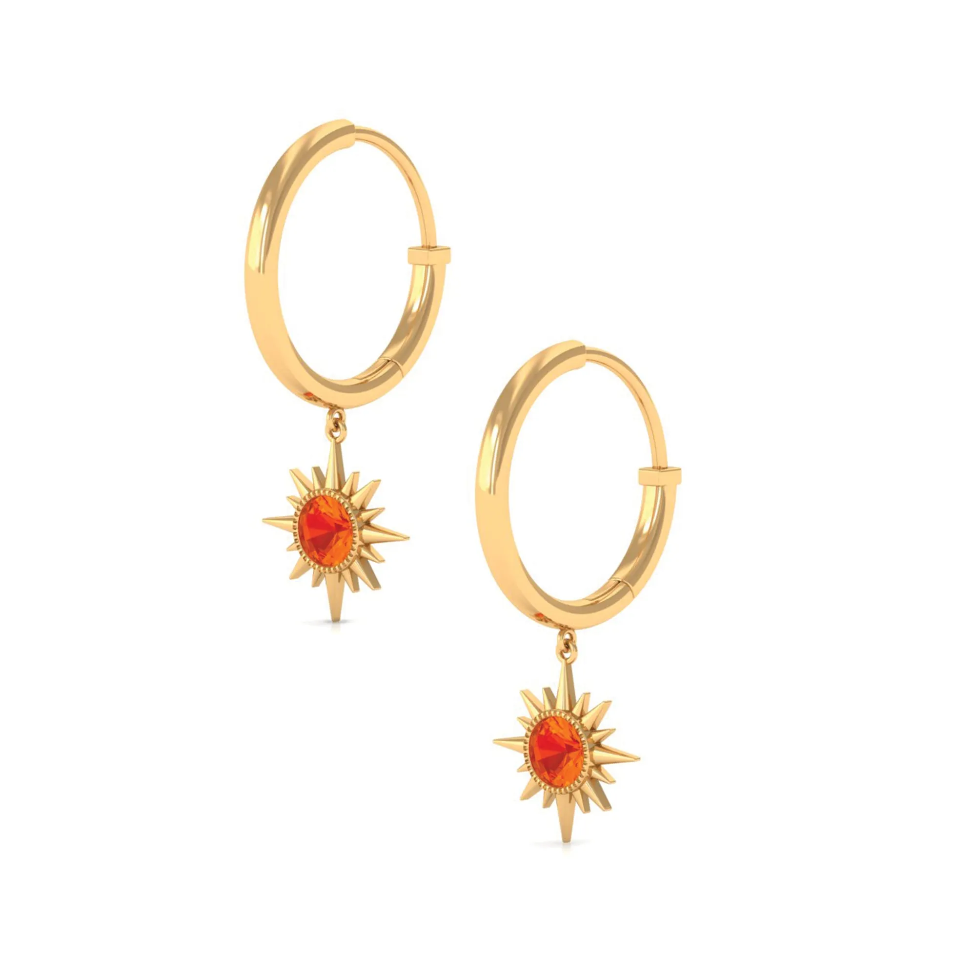 3/4 CT Milgrain Bezel Set Orange Sapphire Sunburst Drop Hoop Earrings