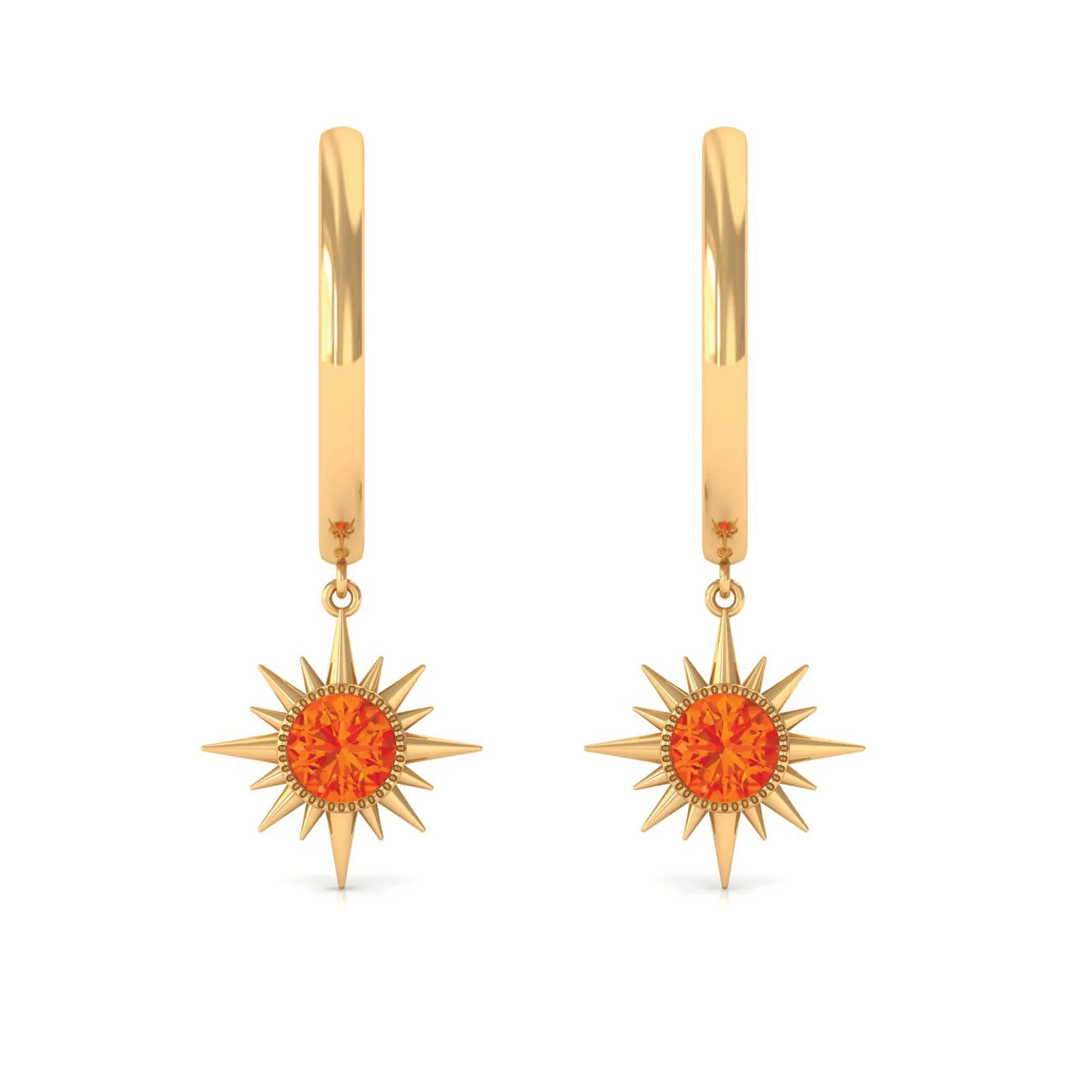 3/4 CT Milgrain Bezel Set Orange Sapphire Sunburst Drop Hoop Earrings