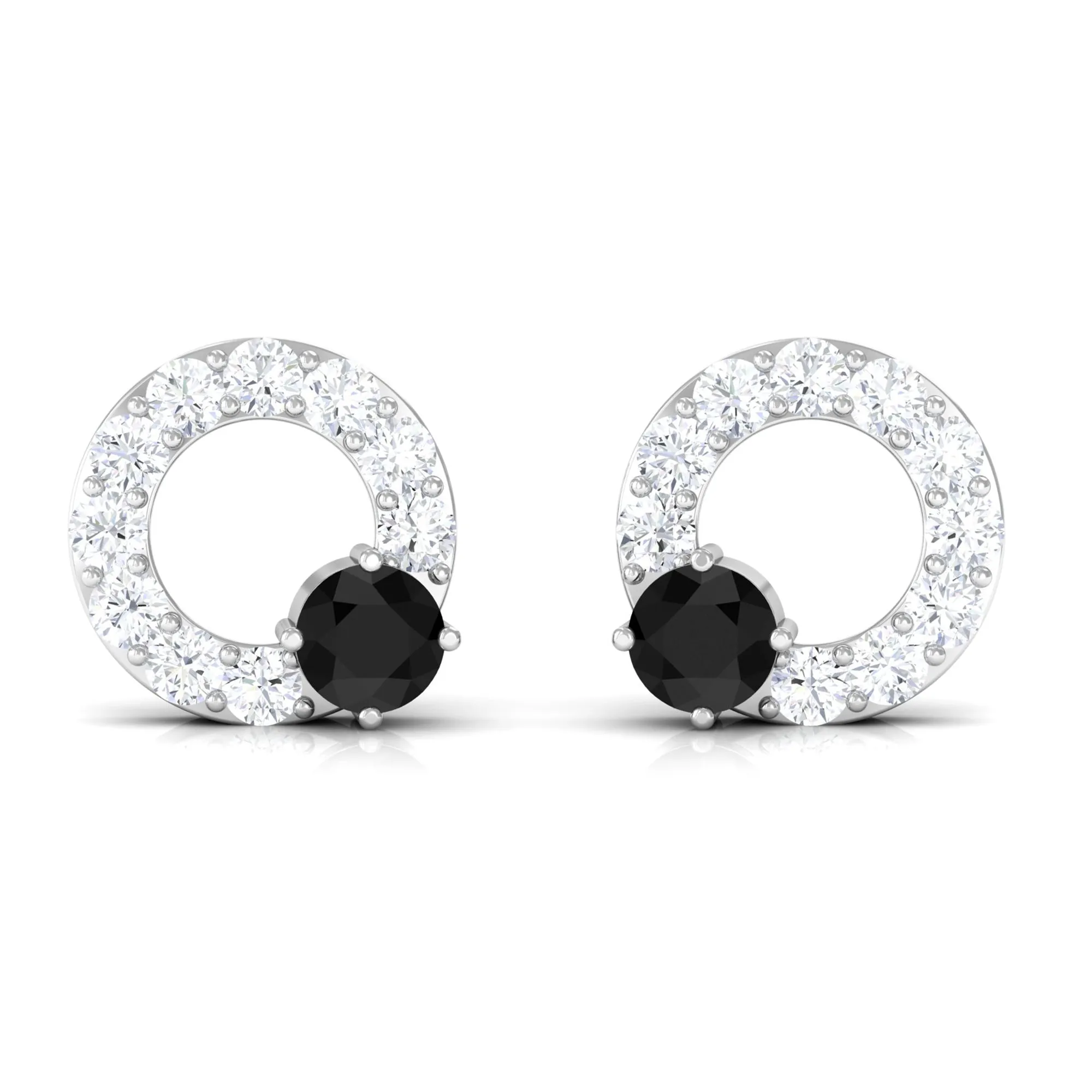 3/4 CT Round Black Onyx and Diamond Open Circle Stud Earrings