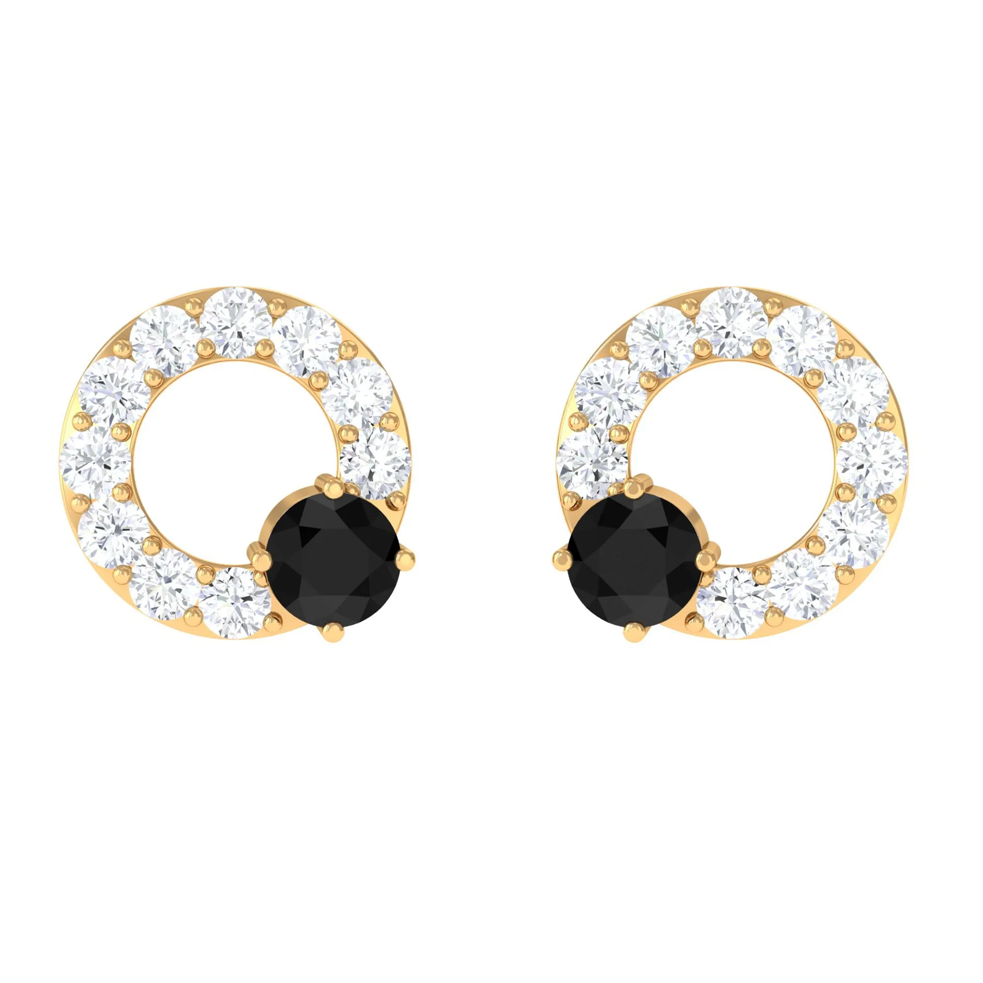 3/4 CT Round Black Onyx and Diamond Open Circle Stud Earrings