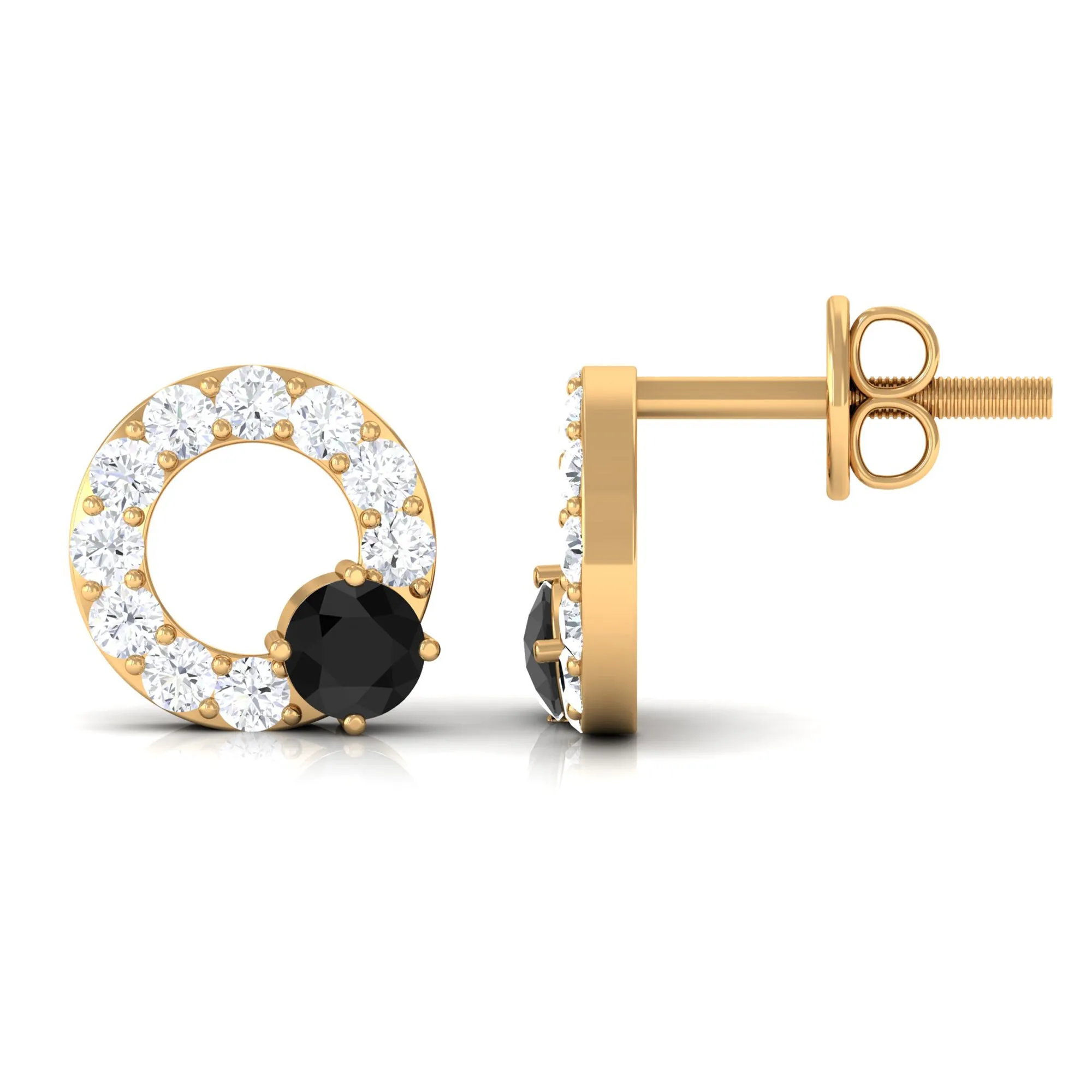 3/4 CT Round Black Onyx and Diamond Open Circle Stud Earrings
