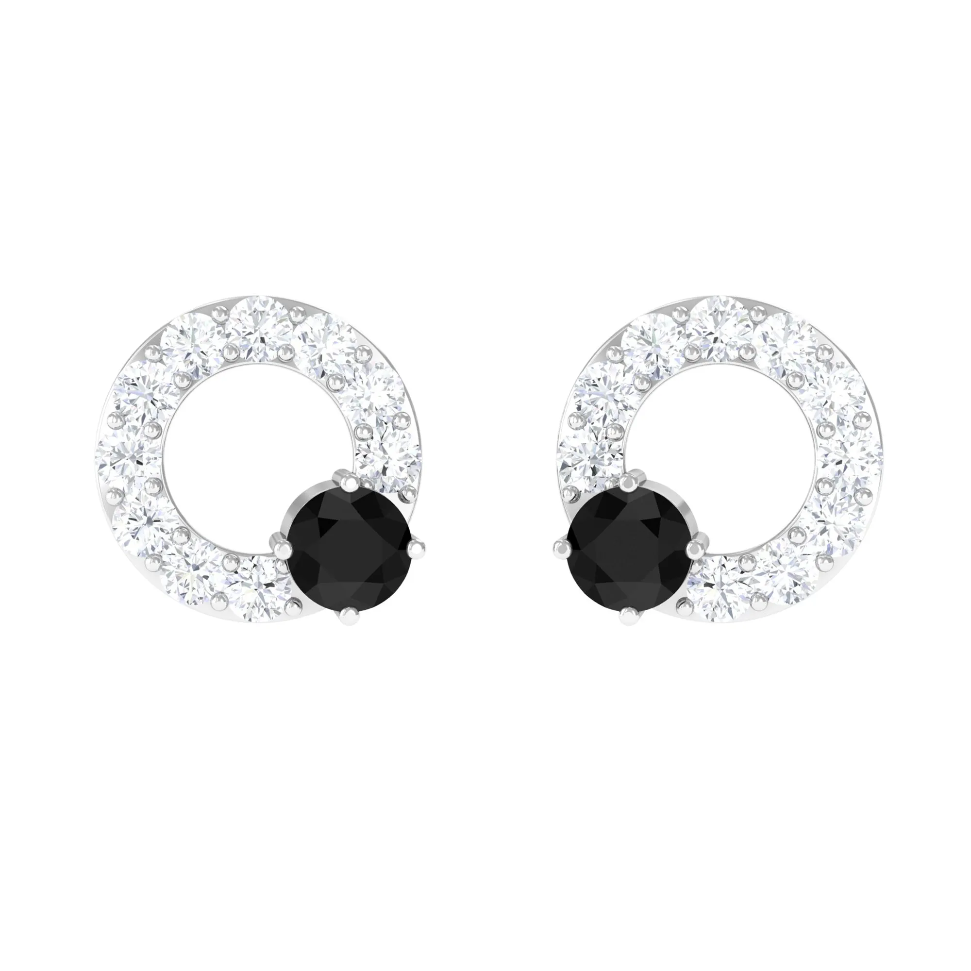 3/4 CT Round Black Onyx and Diamond Open Circle Stud Earrings