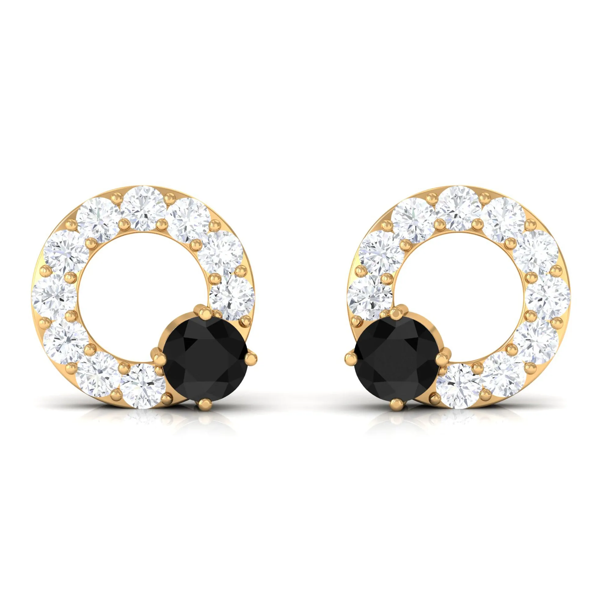 3/4 CT Round Black Onyx and Diamond Open Circle Stud Earrings