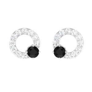 3/4 CT Round Black Onyx and Diamond Open Circle Stud Earrings