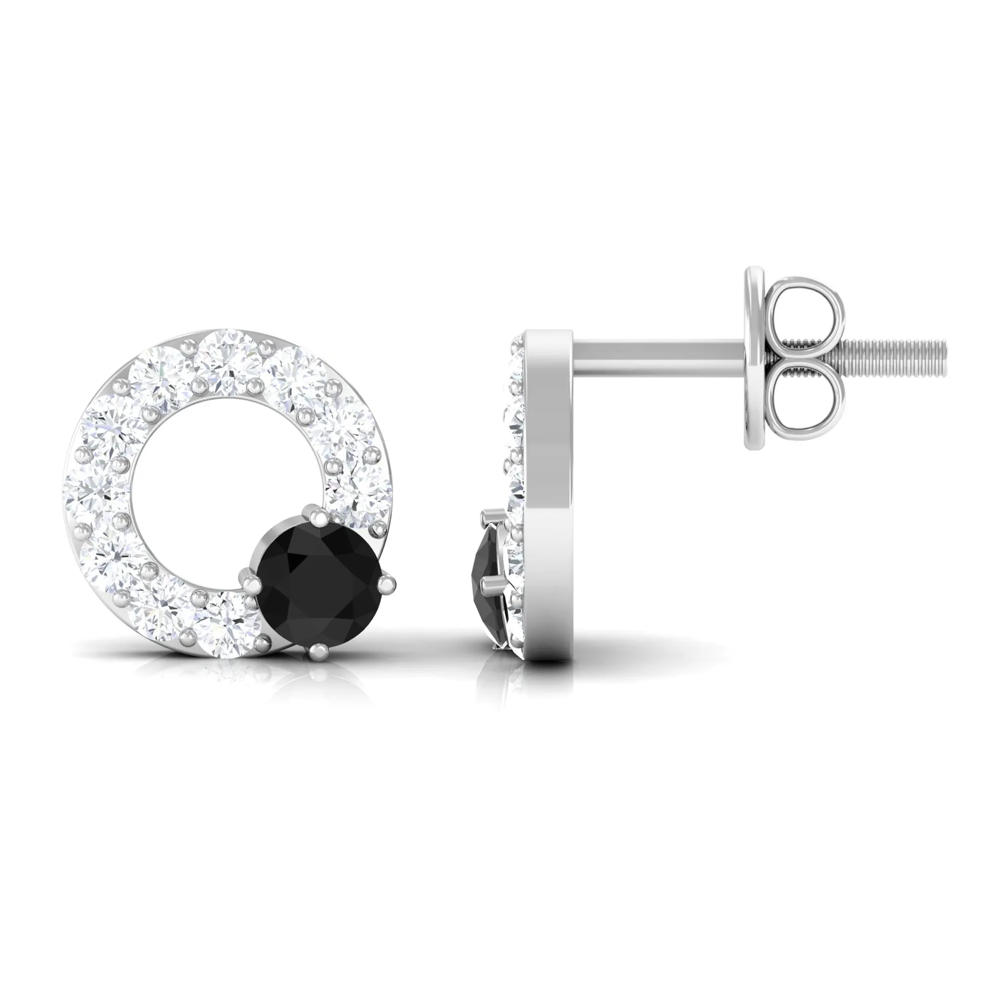 3/4 CT Round Black Onyx and Diamond Open Circle Stud Earrings