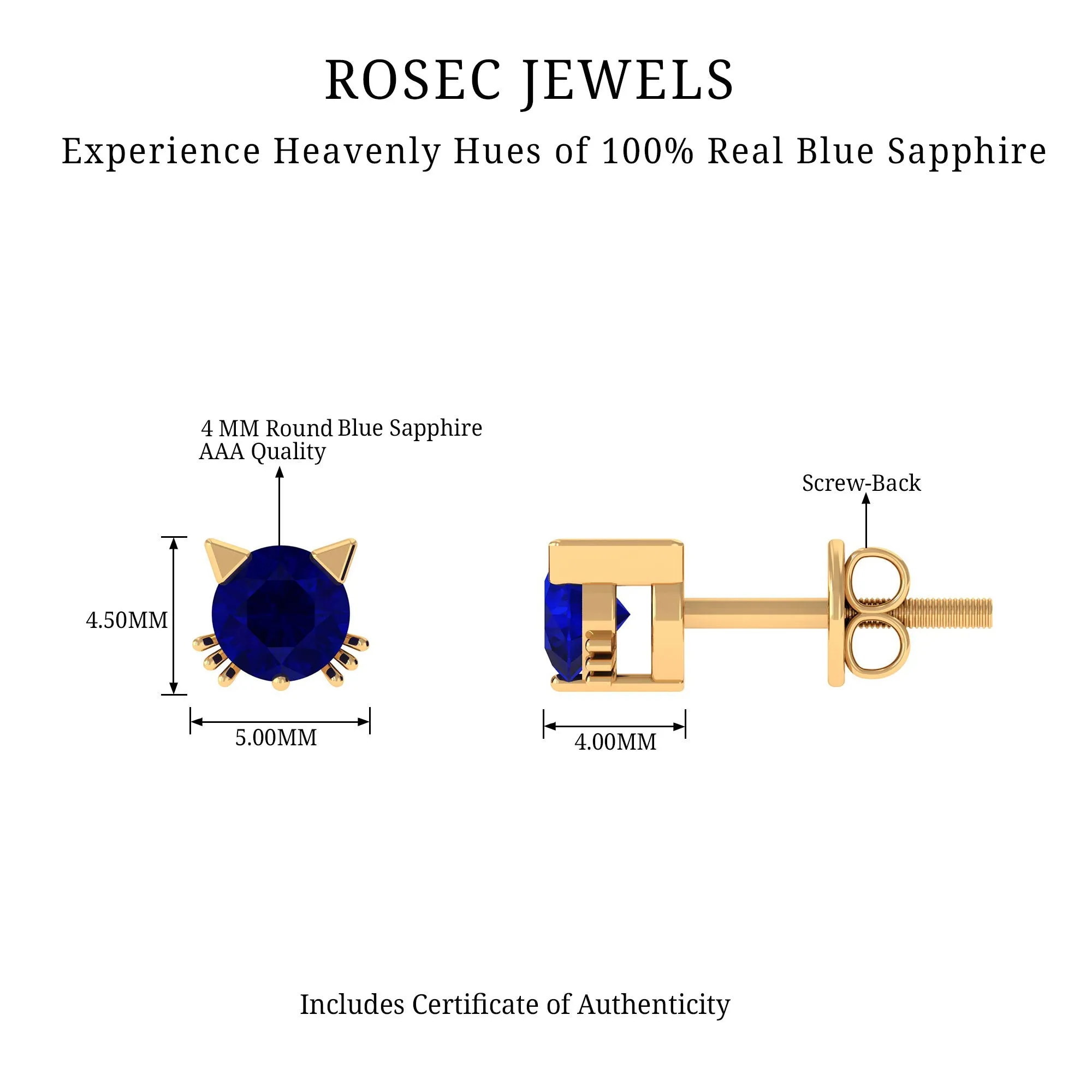 4 MM Round Blue Sapphire Solitaire Cat Stud Earrings in Prong Setting