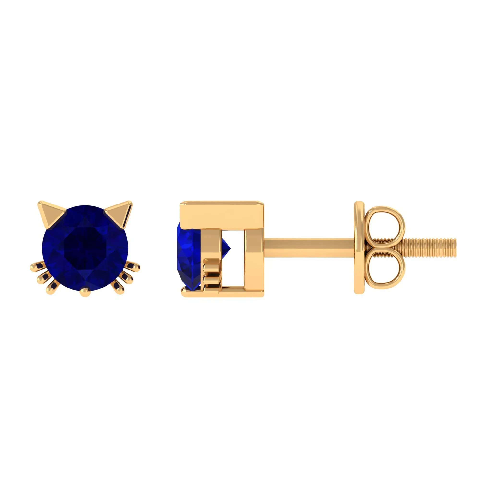 4 MM Round Blue Sapphire Solitaire Cat Stud Earrings in Prong Setting