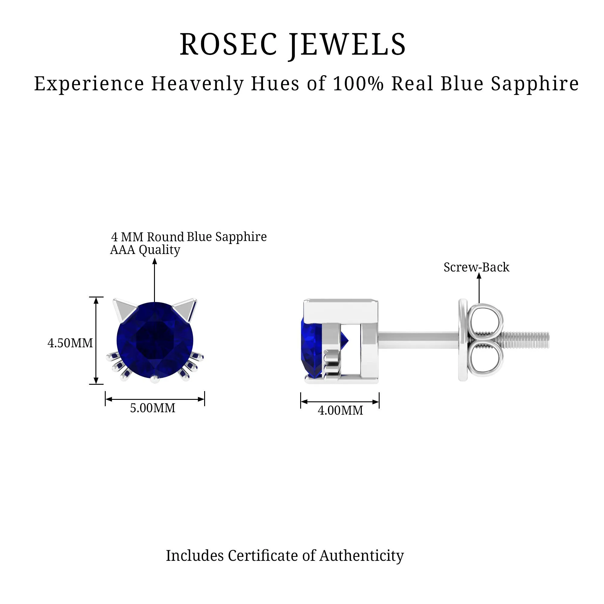 4 MM Round Blue Sapphire Solitaire Cat Stud Earrings in Prong Setting