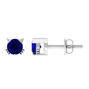 4 MM Round Blue Sapphire Solitaire Cat Stud Earrings in Prong Setting