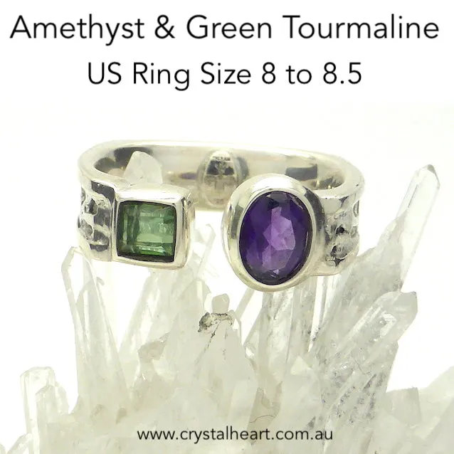 Amethyst and Tourmaline Ring, Faceted Stones, 925 Silver, f