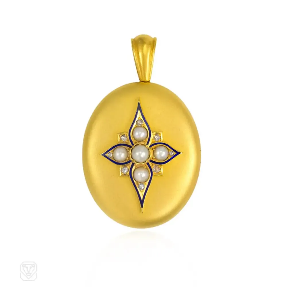 Antique gold, pearl, diamond, and enamel locket