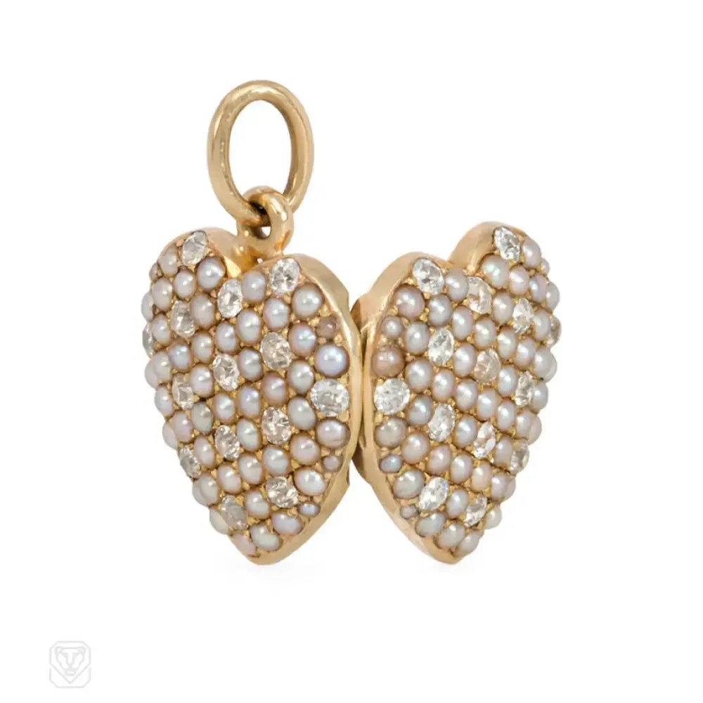 Antique pearl and diamond heart locket